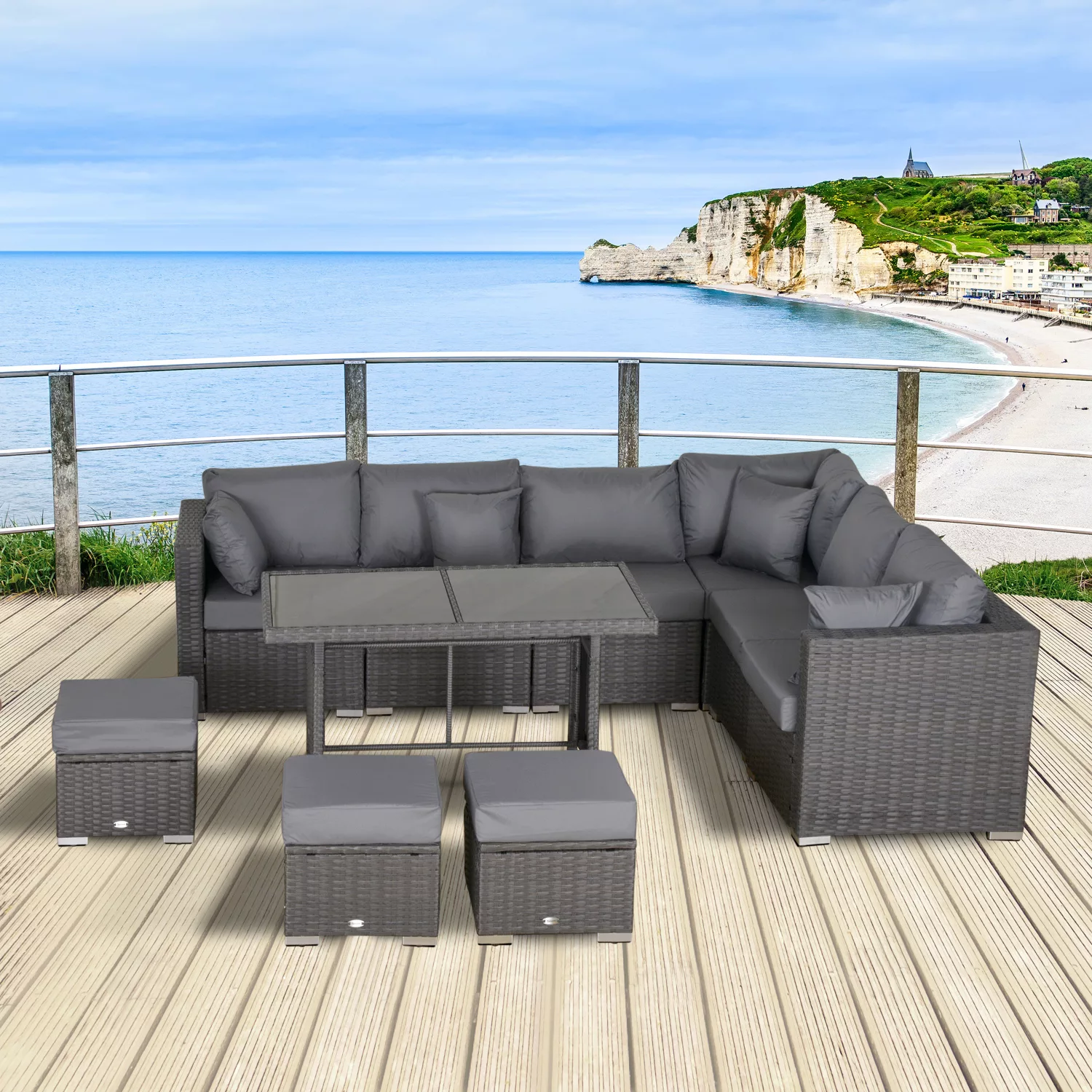 Outsunny 10-tlg. Rattan Sitzgruppe, mit Ecksesseln, Tisch, Hockern, Sitz- u günstig online kaufen