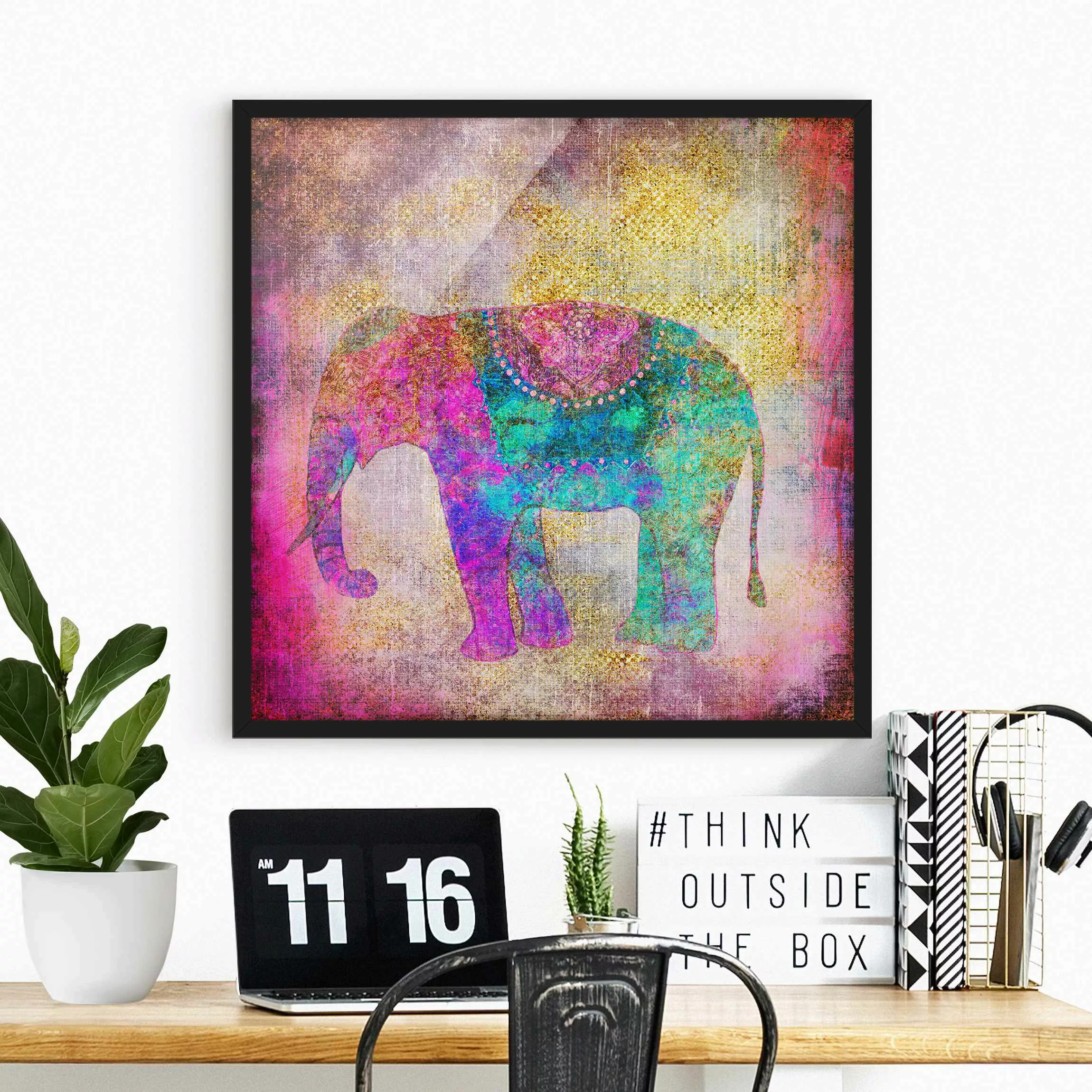 Bild mit Rahmen Tiere - Quadrat Bunte Collage - Indischer Elefant günstig online kaufen