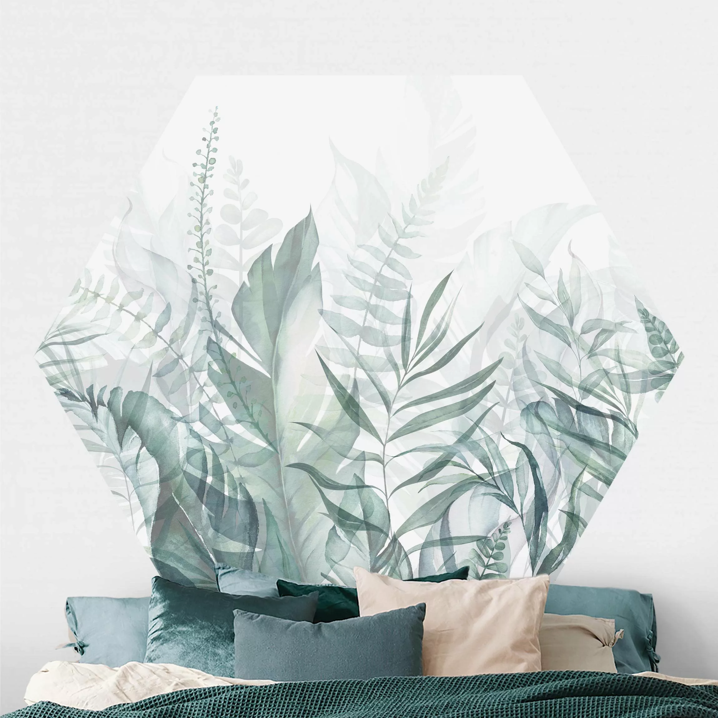 Hexagon Fototapete selbstklebend Botanik - Tropische Blätter Grün günstig online kaufen