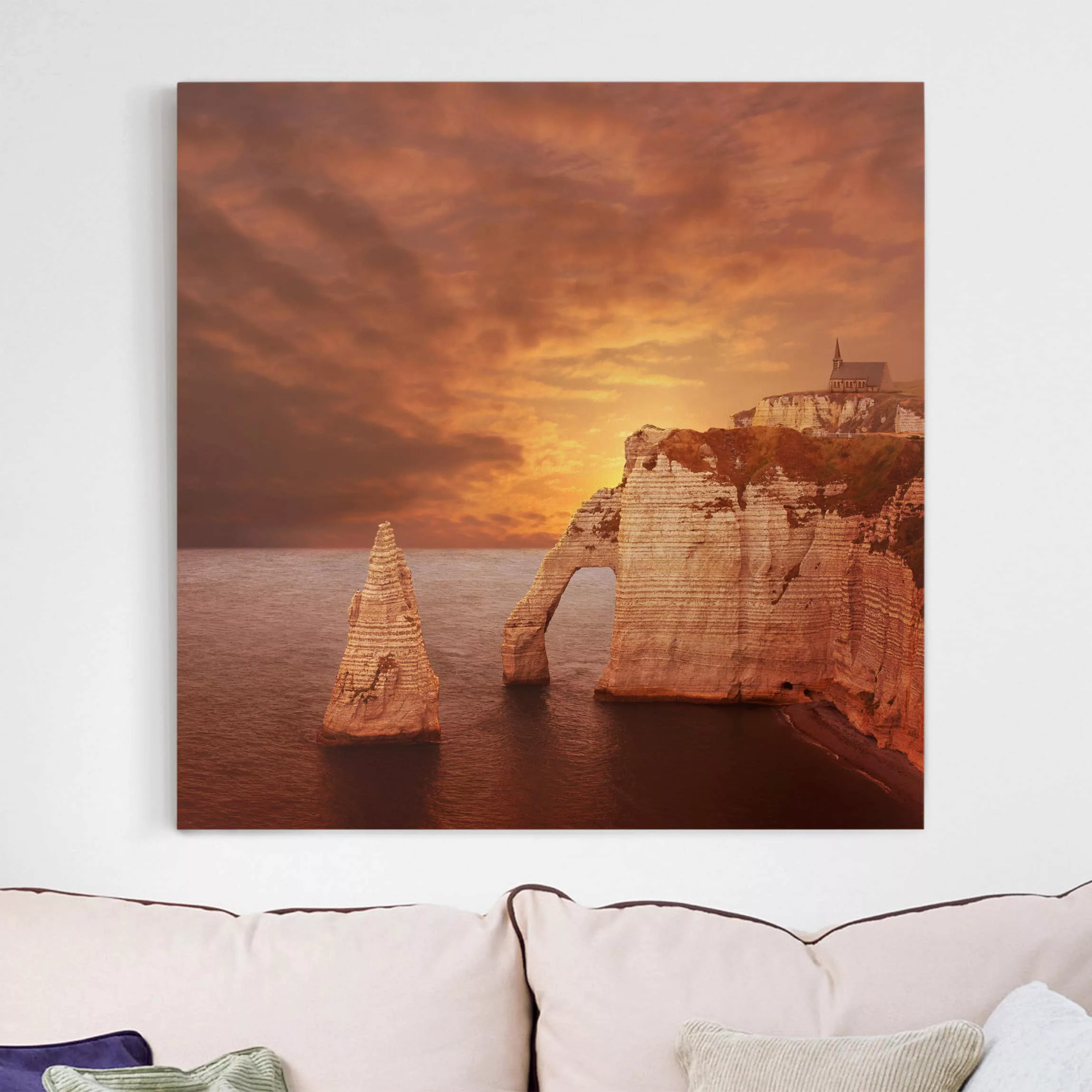 Leinwandbild Sonnenuntergang - Quadrat Etretat Sunset Cliffs günstig online kaufen