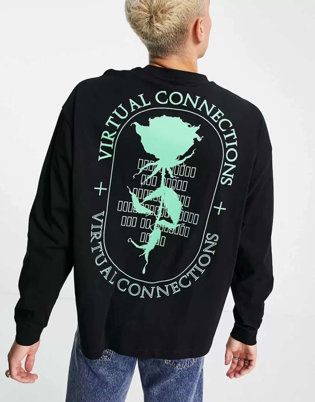 ASOS DESIGN – Langärmliges Skater-Shirt in Schwarz mit Rücken-Print günstig online kaufen