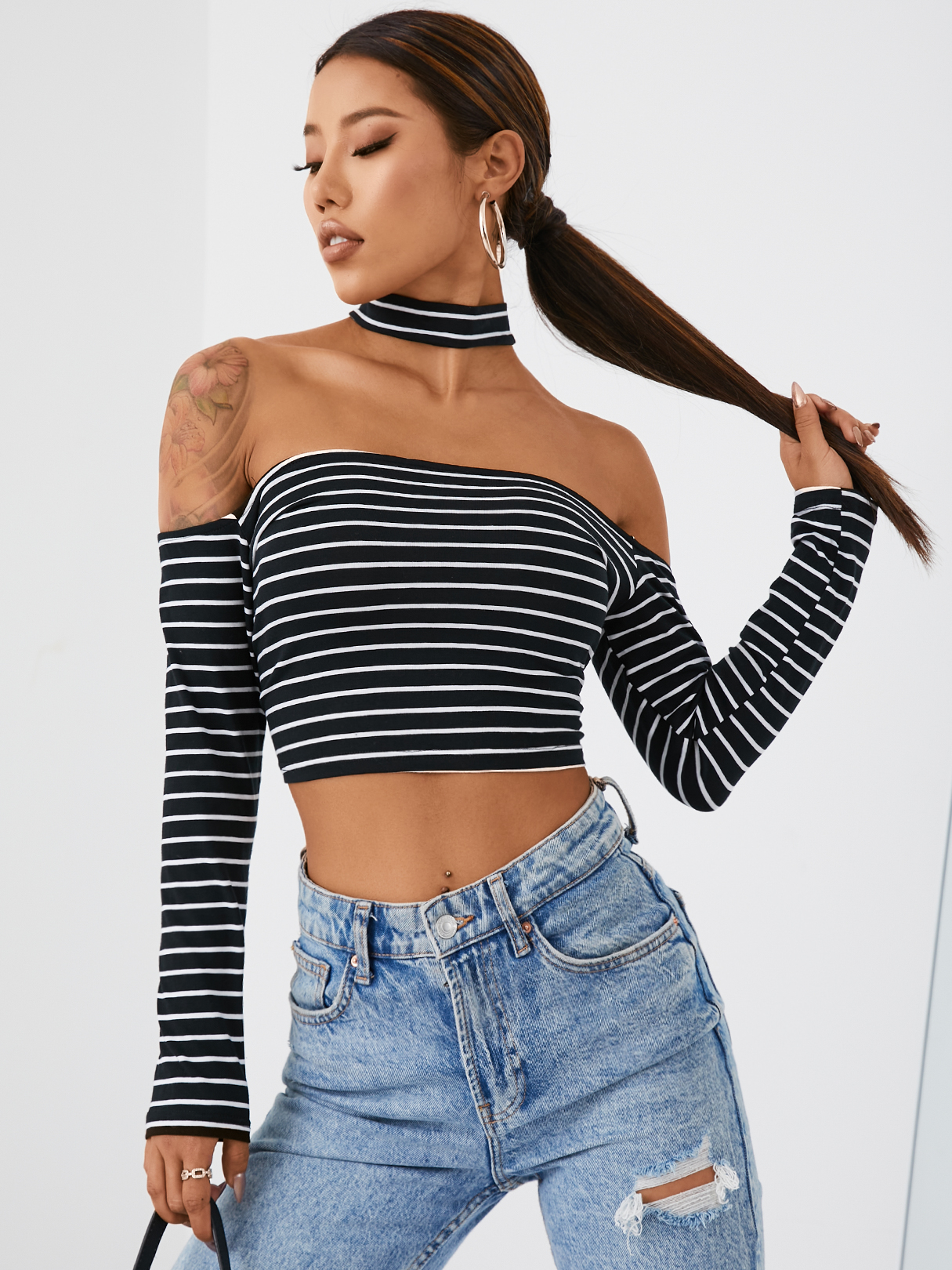 Fashion Off Shoulder Halfter Streifenmuster Crop Top günstig online kaufen