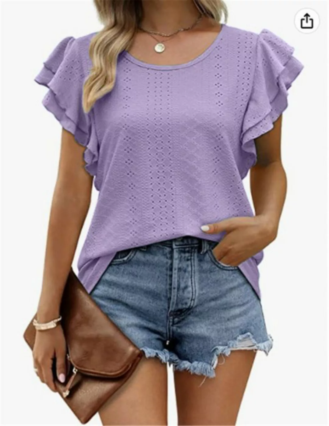 RUZU UG T-Shirt Sommer mit kurzen Ärmeln doppellagigen Rüschenärmeln, hohle günstig online kaufen
