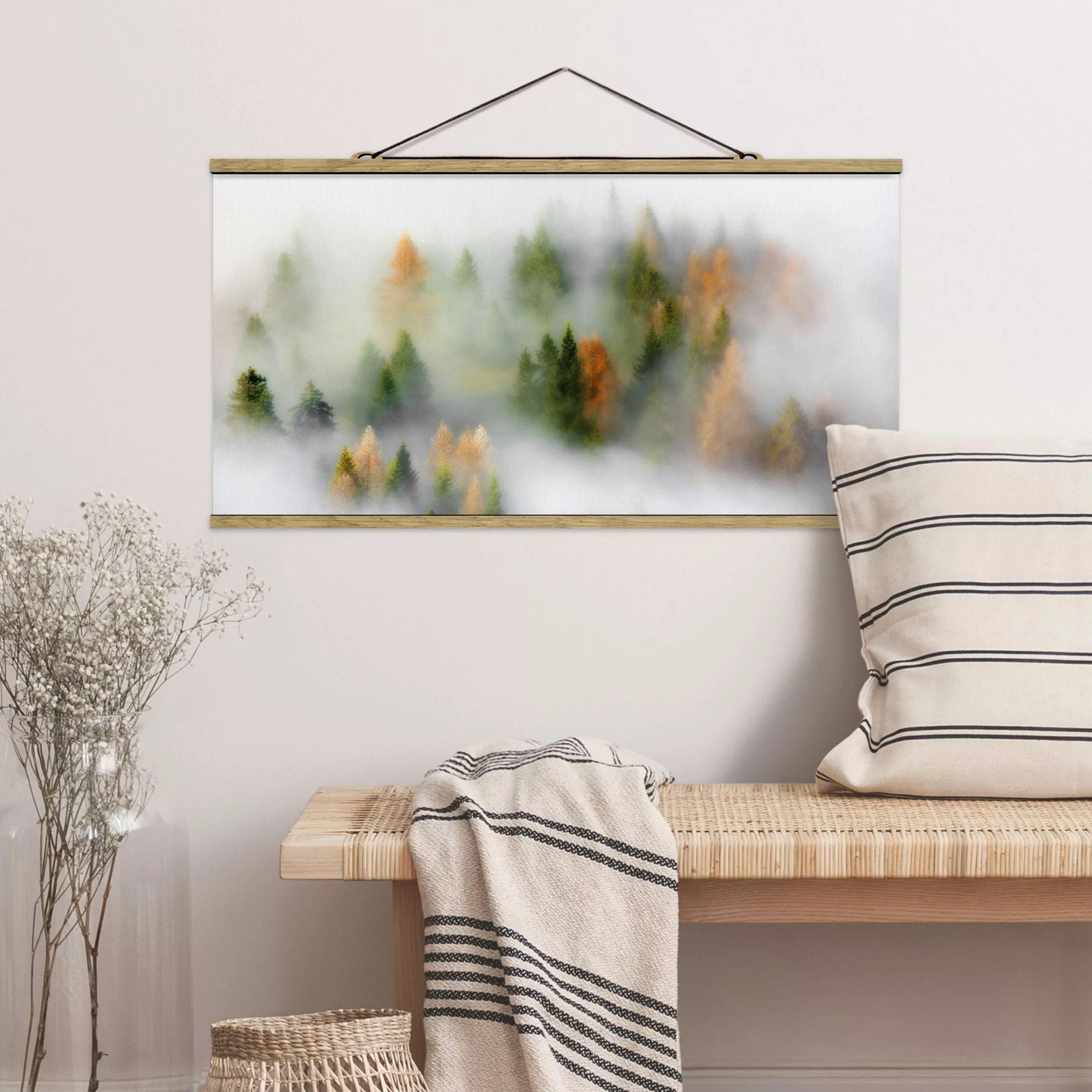 Stoffbild Wald mit Posterleisten - Querformat Nebelwald im Herbst günstig online kaufen