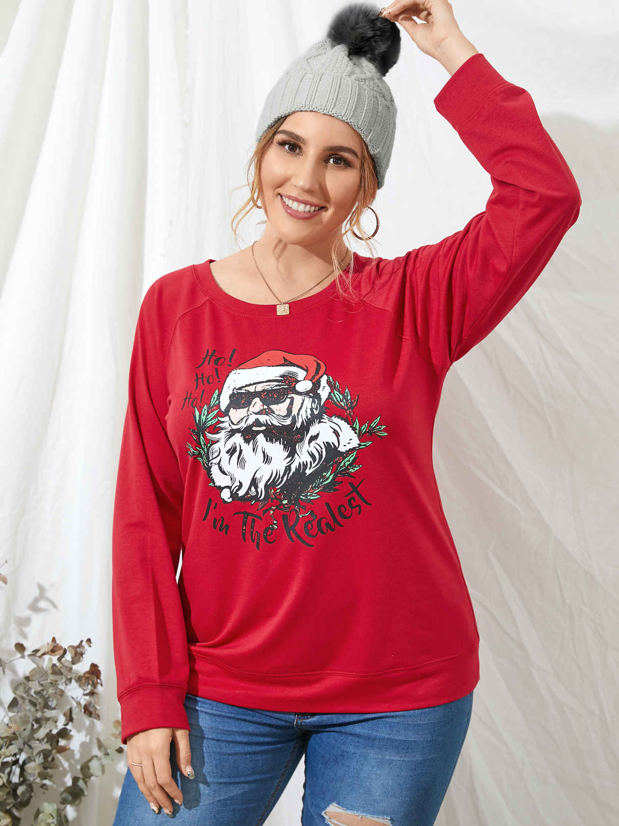 YOINS Plus Größe Rundhals-Grafik-Weihnachts-T-Shirt mit langen Ärmeln günstig online kaufen