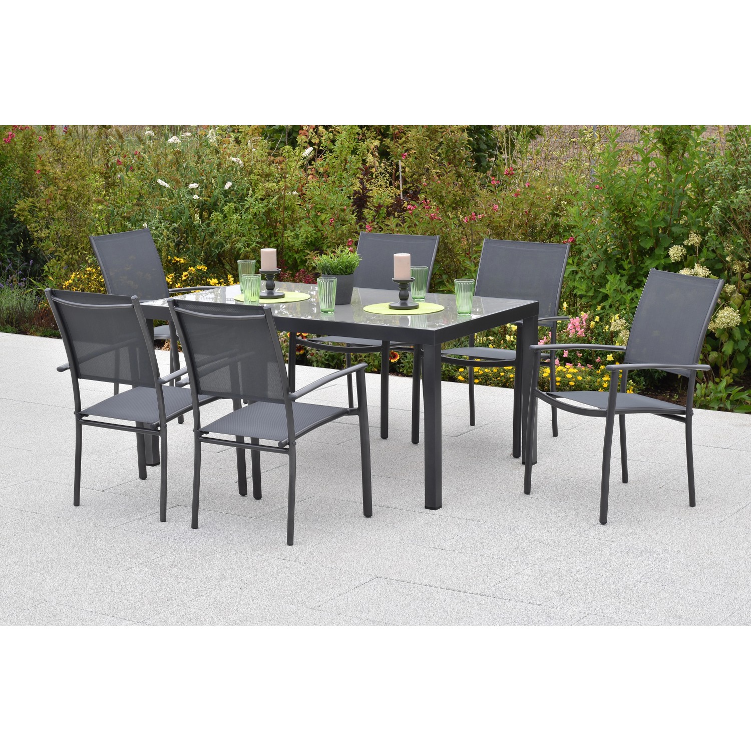 Merxx Milano Set 7-tlg. 6 Stapelsessel Gartentisch 150 x 90 cm Grau günstig online kaufen