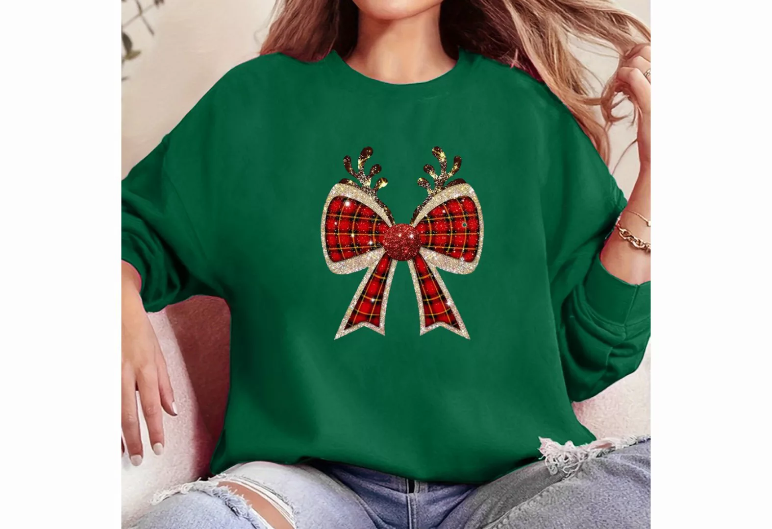 PYL Rundhalspullover Damen Christmas Sweatshirts mit Fliege Druck,Langarm L günstig online kaufen