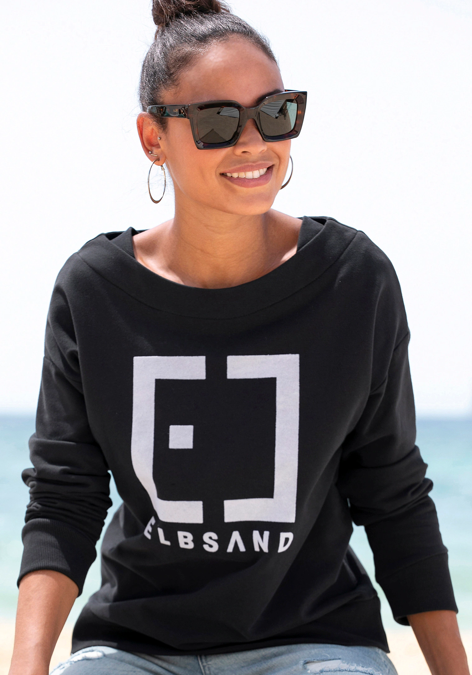 Elbsand Sweatshirt Finnia mit Flockprint vorne, klassischer Sweater aus wei günstig online kaufen