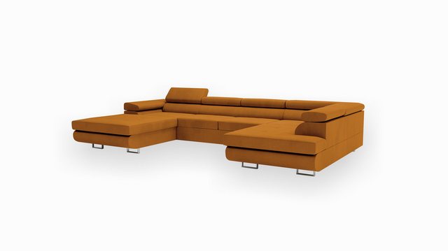 Goldstoff Wohnlandschaft VENUS U-Form Ecksofa mit Schlaffunktion und Bettka günstig online kaufen