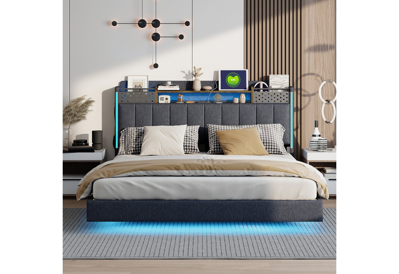 Ulife Polsterbett Schwebebett Doppelbett mit LED-Beleuchtung und USB-Steckd günstig online kaufen