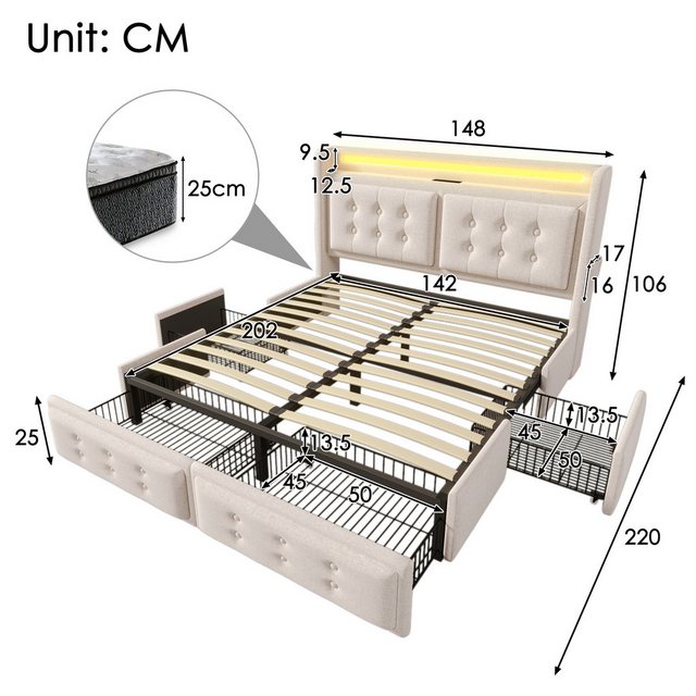 HAUSS SPLOE Polsterbett 140x200cm mit Led, Ladefunktion und 4 Schubladen, B günstig online kaufen