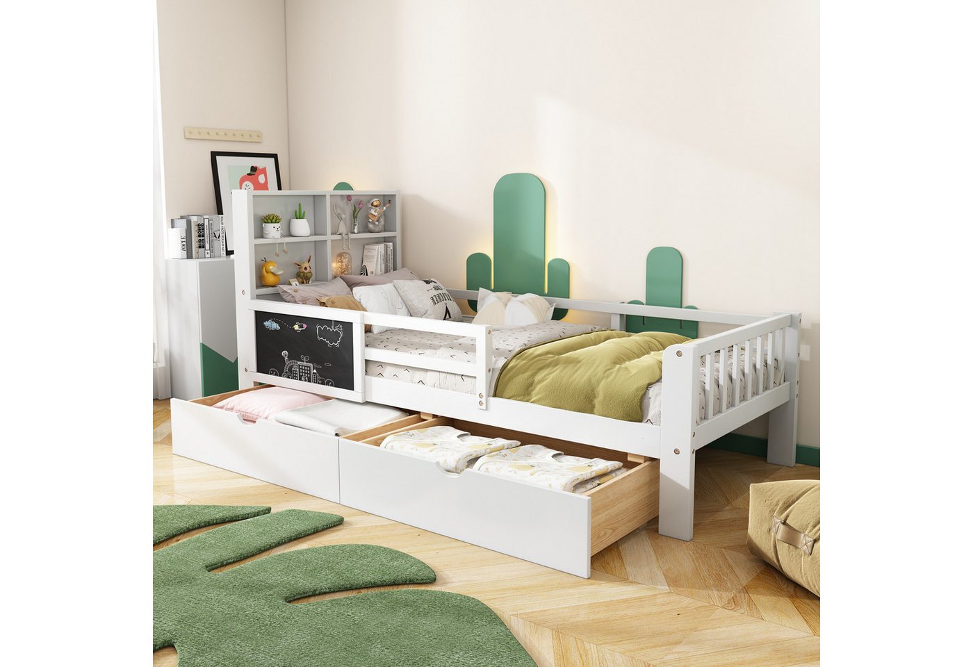 SeedWave Kinderbett mit Tafel, Massivholzbett mit Schubladen und Ablagefach günstig online kaufen