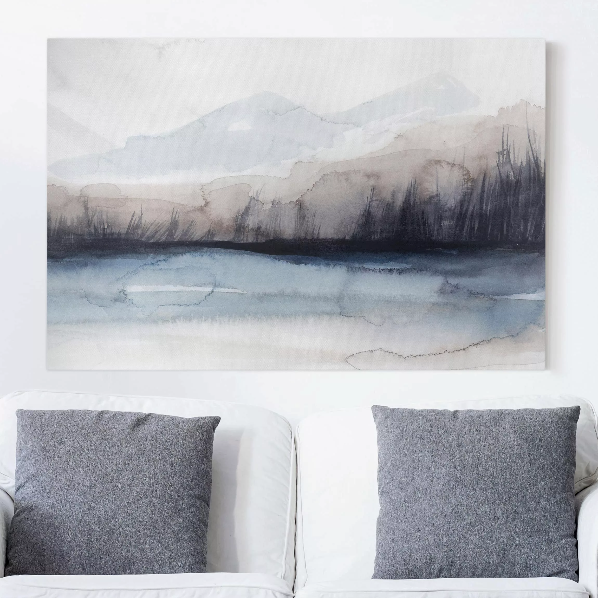 Leinwandbild Abstrakt - Querformat Seeufer mit Bergen I günstig online kaufen