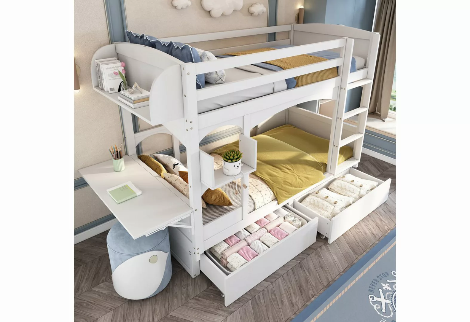 PHOEBE CAT Etagenbett (mit Lattenrost), Kinderbett mit klappbarem Schreibti günstig online kaufen
