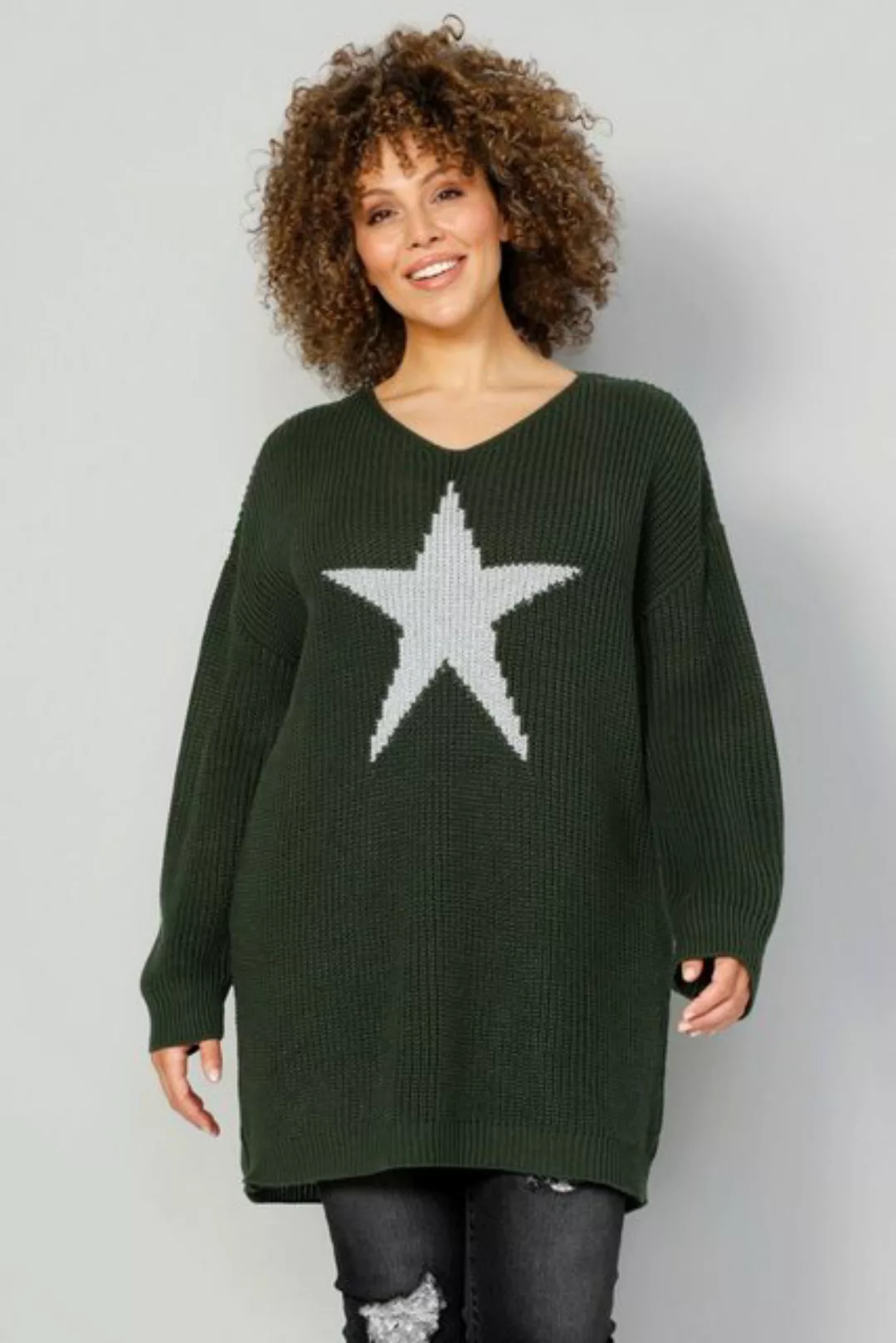 MIAMODA Strickpullover Long-Pullover großer Stern V-Ausschnitt Langarm günstig online kaufen