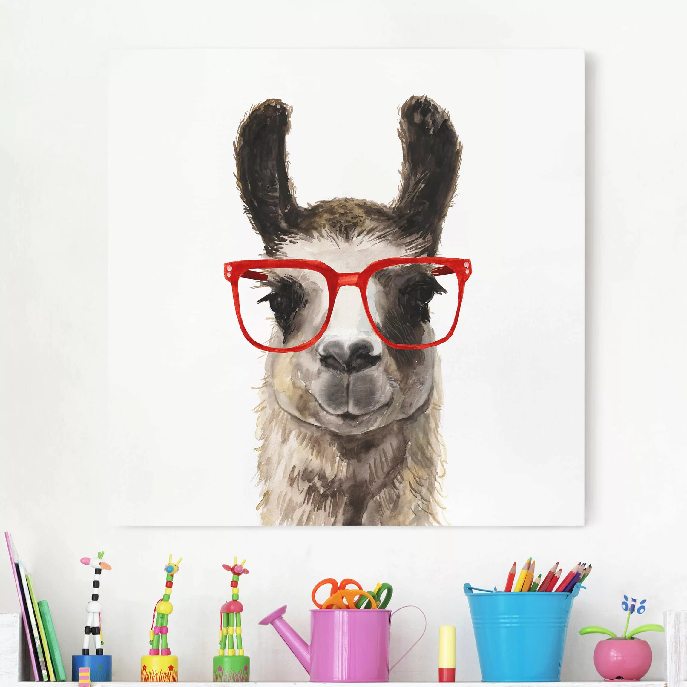 Leinwandbild Kinderzimmer - Quadrat Hippes Lama mit Brille II günstig online kaufen