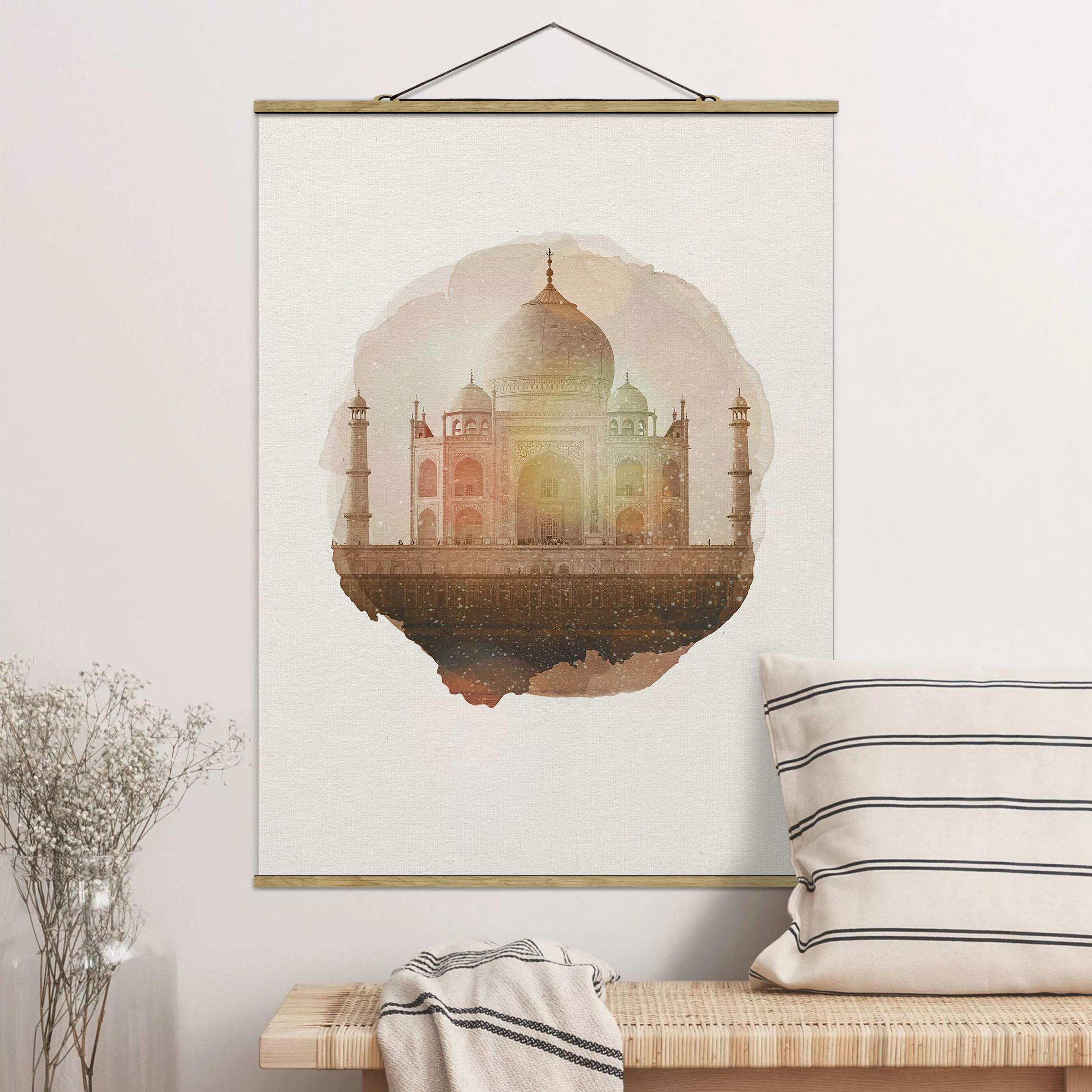 Stoffbild Architektur mit Posterleisten - Hochformat Wasserfarben - Taj Mah günstig online kaufen