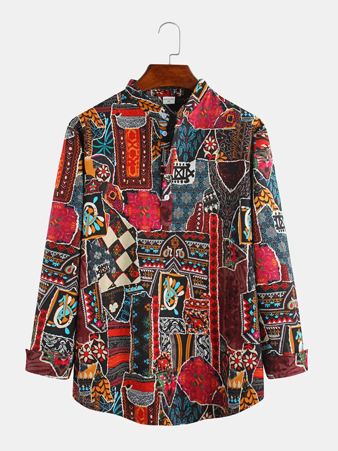 Mens Casual Herbst Ethnic Style Printing Langarm Stehkragen Shirt günstig online kaufen