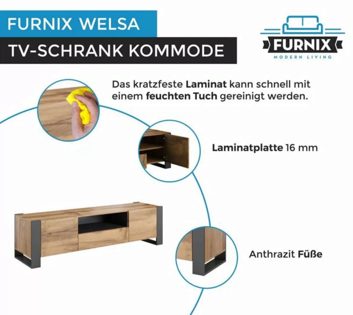 Furnix TV-Schrank WELSA Lowboard mit Schublade und Türen Wotan/Anthrazit B1 günstig online kaufen