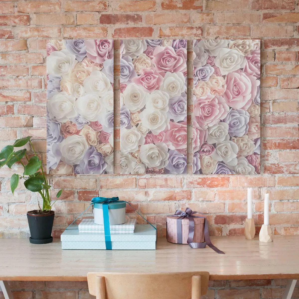 3-teiliges Leinwandbild Blumen - Querformat Pastell Paper Art Rosen günstig online kaufen