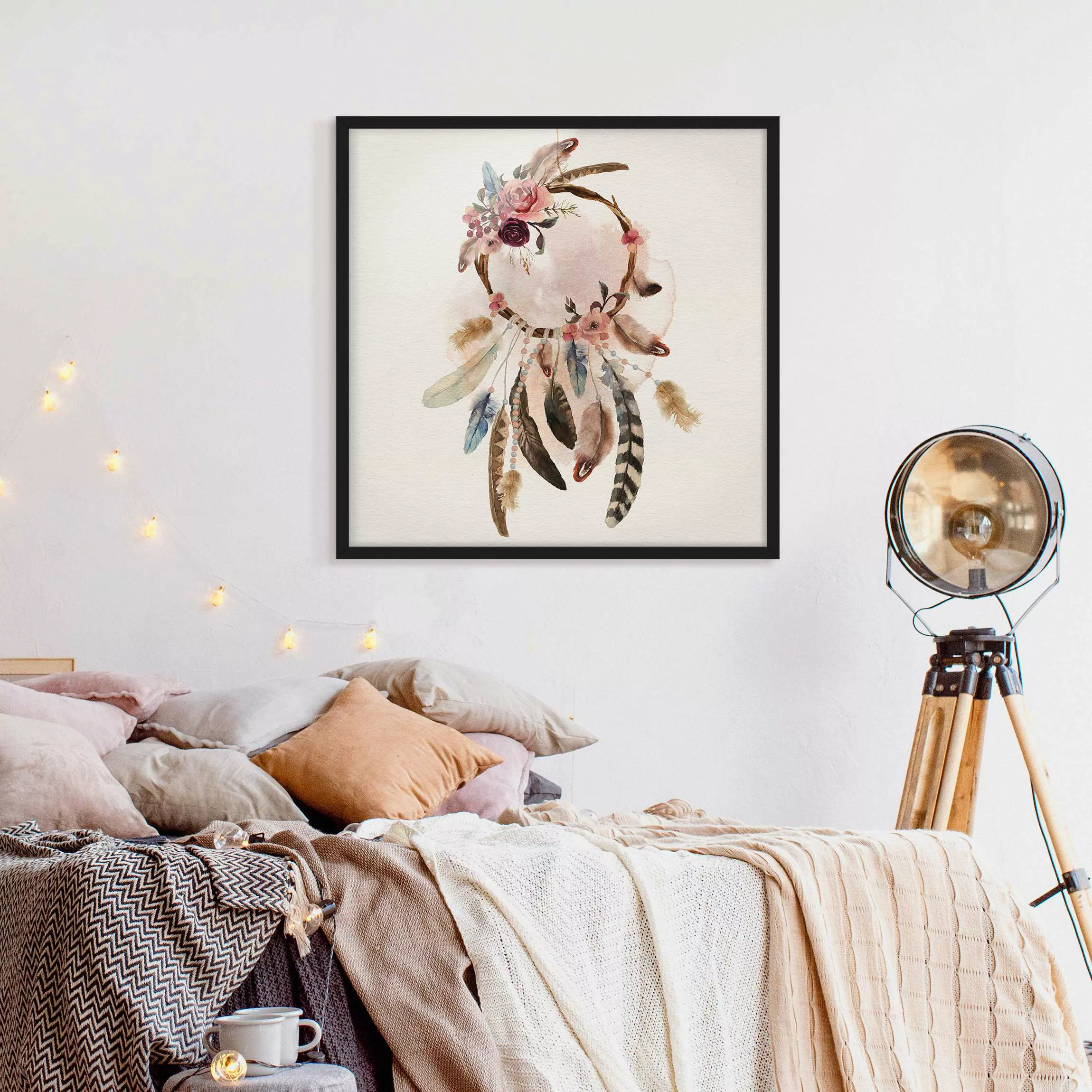 Bild mit Rahmen Kunstdruck - Quadrat Traumfänger mit Rosen und Federn günstig online kaufen