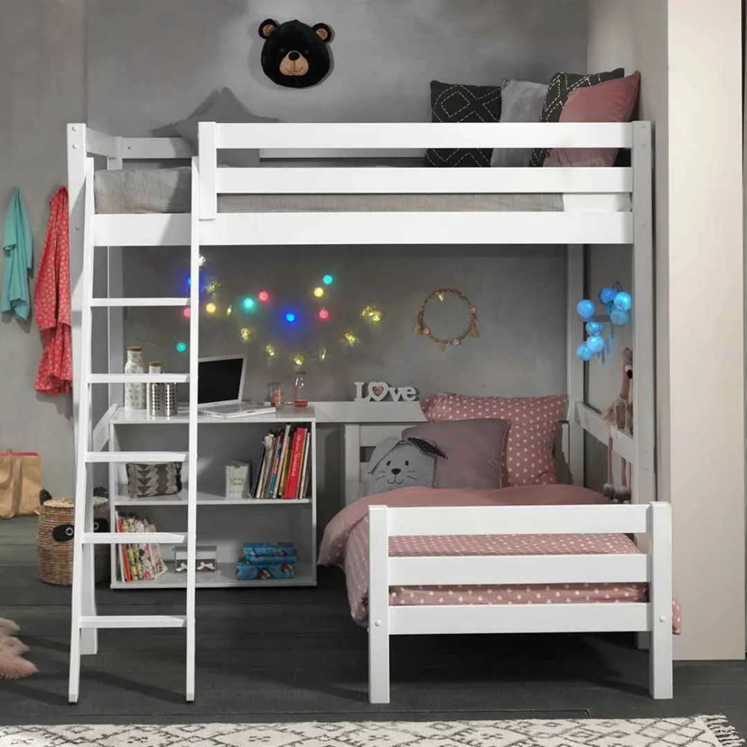 Winkel Kinderzimmerbett aus Kiefer Massivholz Weiß Regal günstig online kaufen