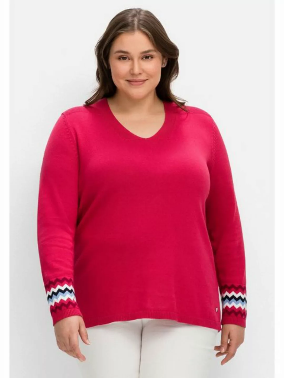 Sheego V-Ausschnitt-Pullover "Große Größen", mit Kontrastmuster am Ärmelsau günstig online kaufen