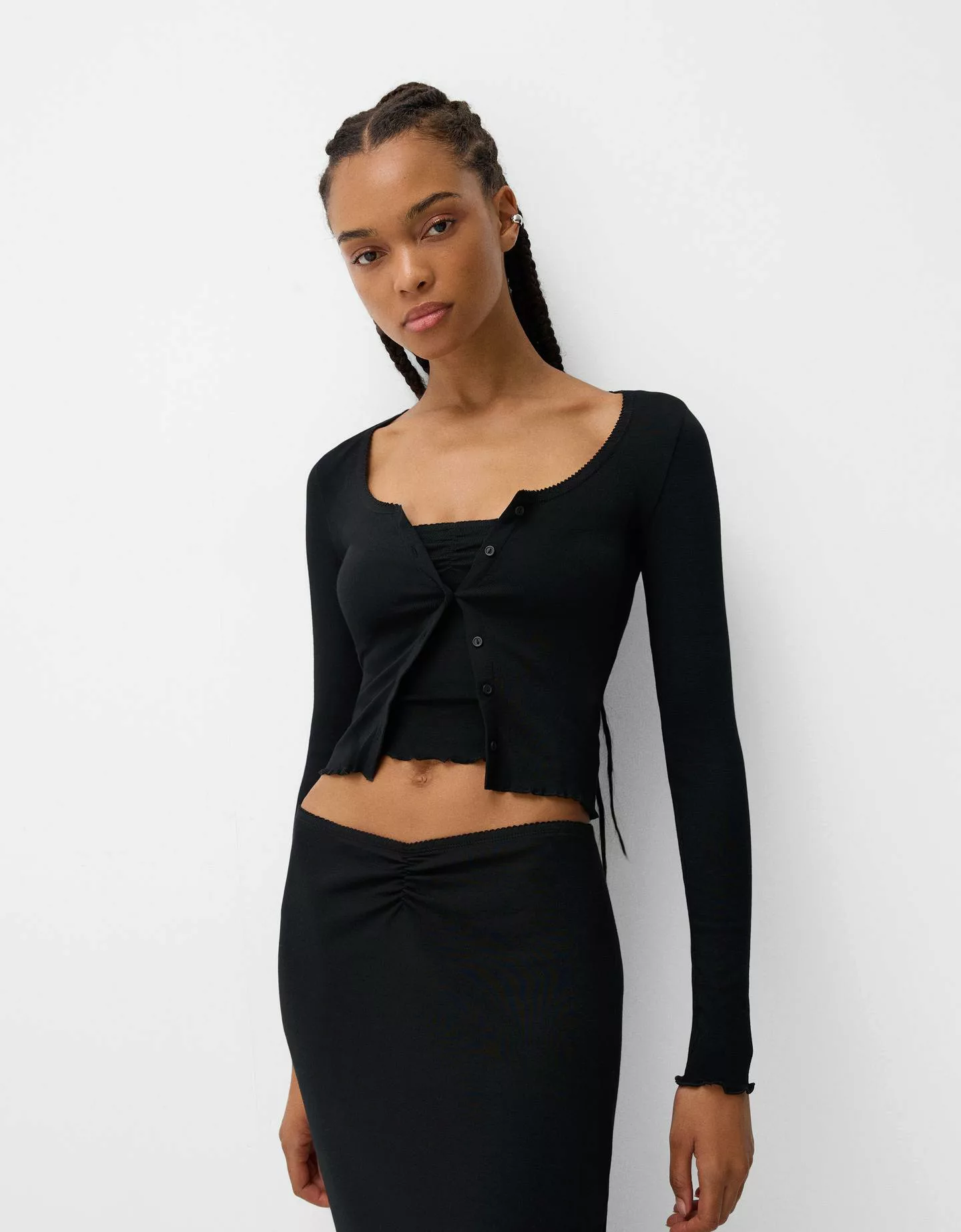 Bershka Cardigan-Top Mit Langen Ärmeln Damen Xs Schwarz günstig online kaufen