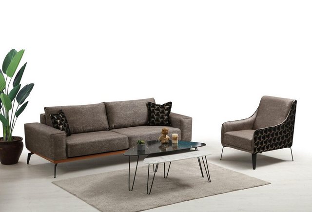 JVmoebel Sofa Sofagarnitur Dreisitzer Sessel Stoffsofa Polstersofa Grau Cou günstig online kaufen