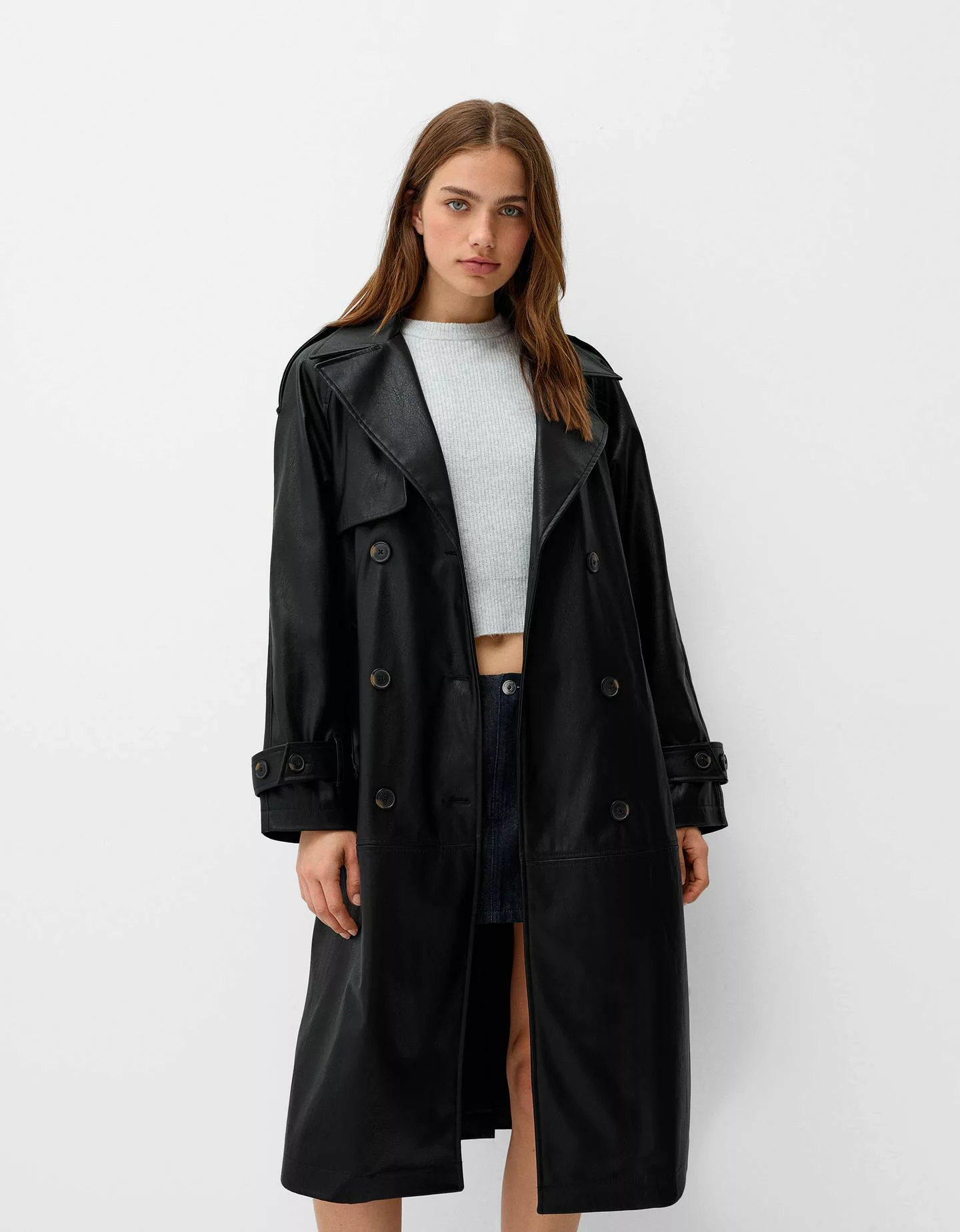 Bershka Trenchcoat Aus Kunstleder Damen M Schwarz günstig online kaufen