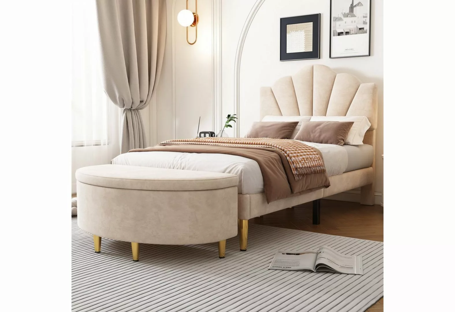 MODFU Polsterbett muschelartiges Bett (Höhenverstellbares Kopfteil, Holzlat günstig online kaufen