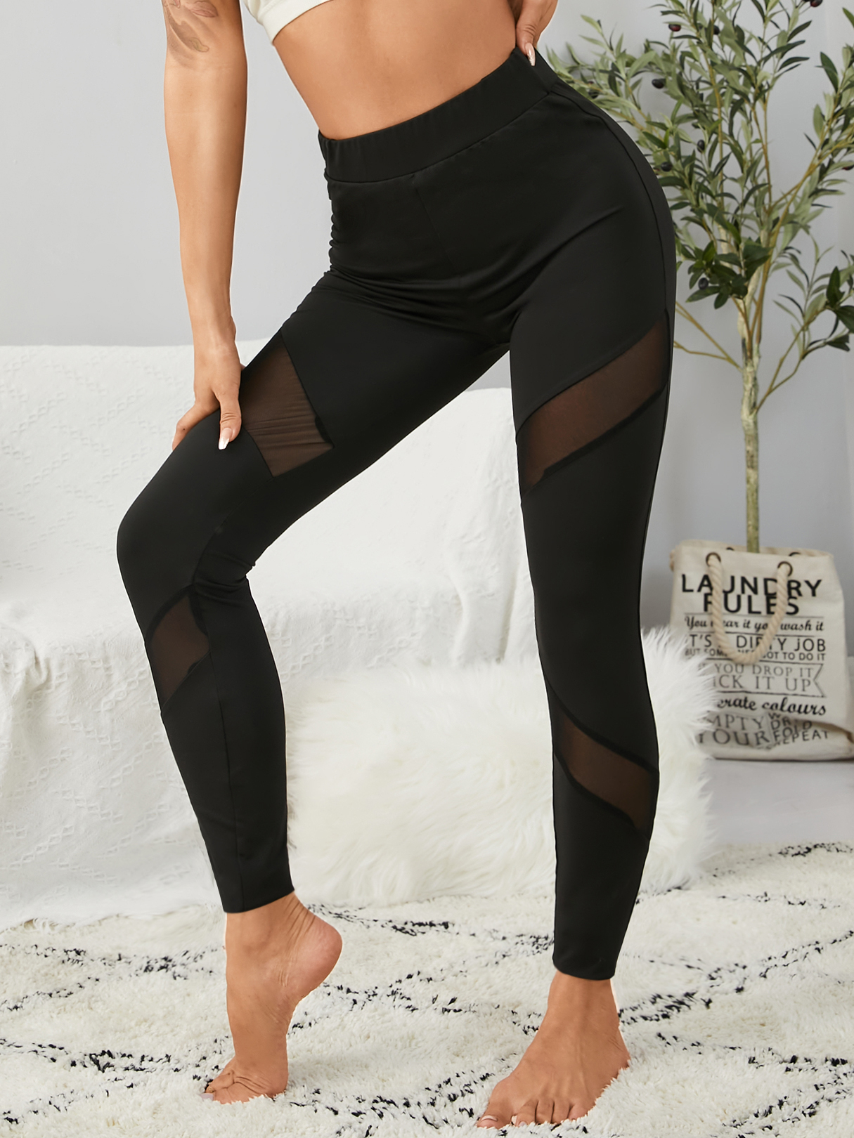 YOINS Black Yoga Hosen Schnelltrocknende Mesh-Stitching-Leggings günstig online kaufen