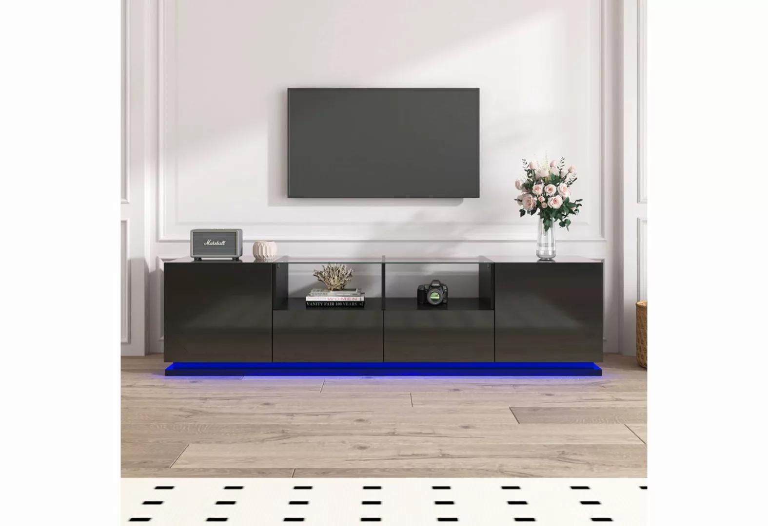 MODFU TV-Schrank Lowboard (1-St) mit Glastischplatte und LED, mit Türen und günstig online kaufen