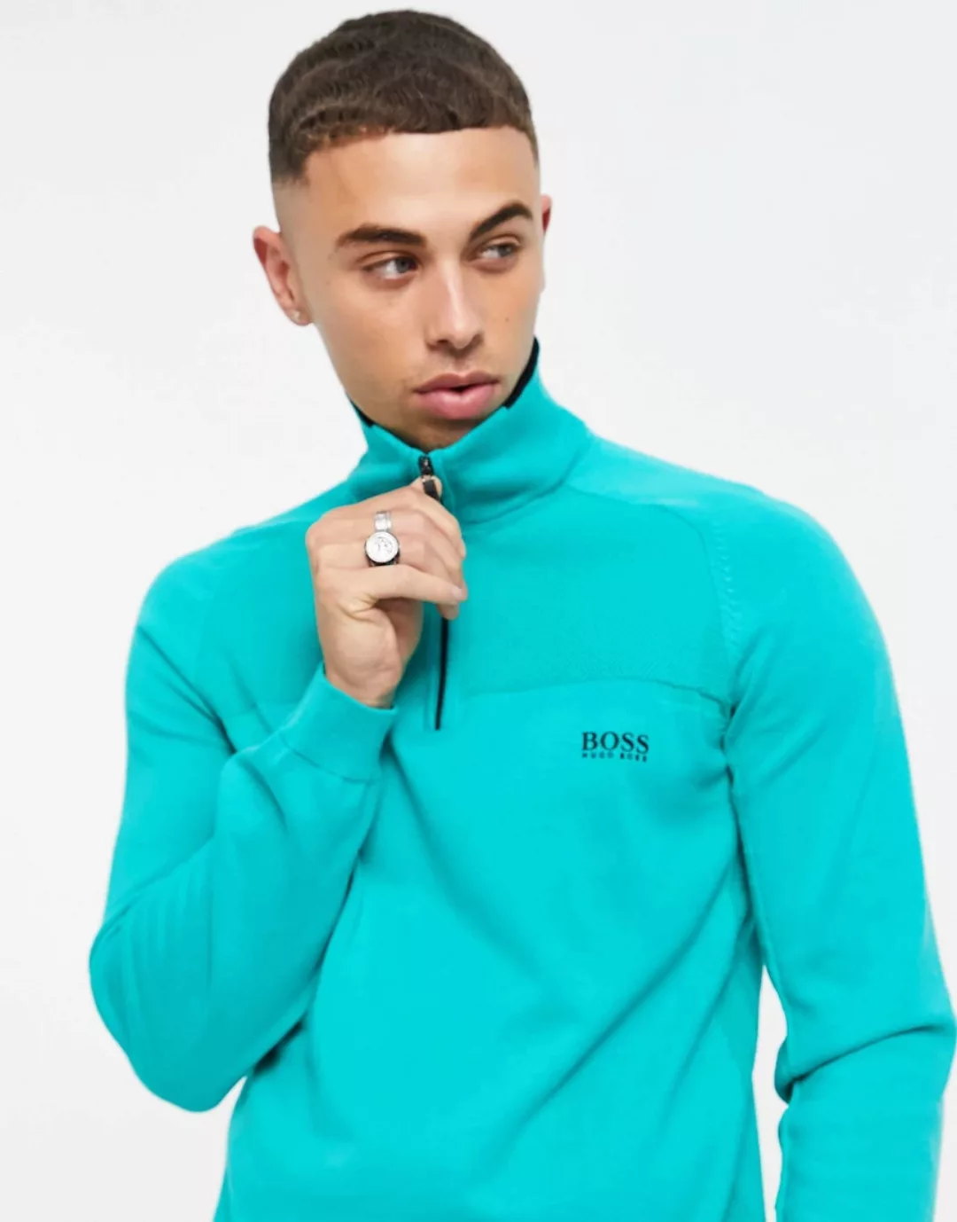 BOSS Athleisure – Zescon – Strick-Sweatshirt mit kurzem Reißverschluss-Grün günstig online kaufen