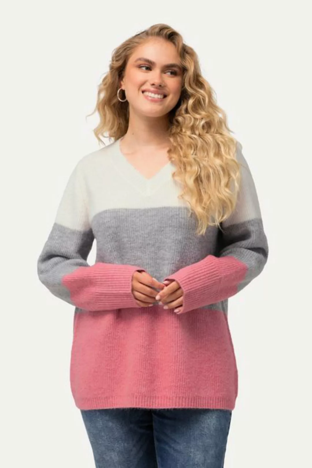 Ulla Popken Strickpullover Pullover Blockstreifen V-Ausschnitt Langarm günstig online kaufen