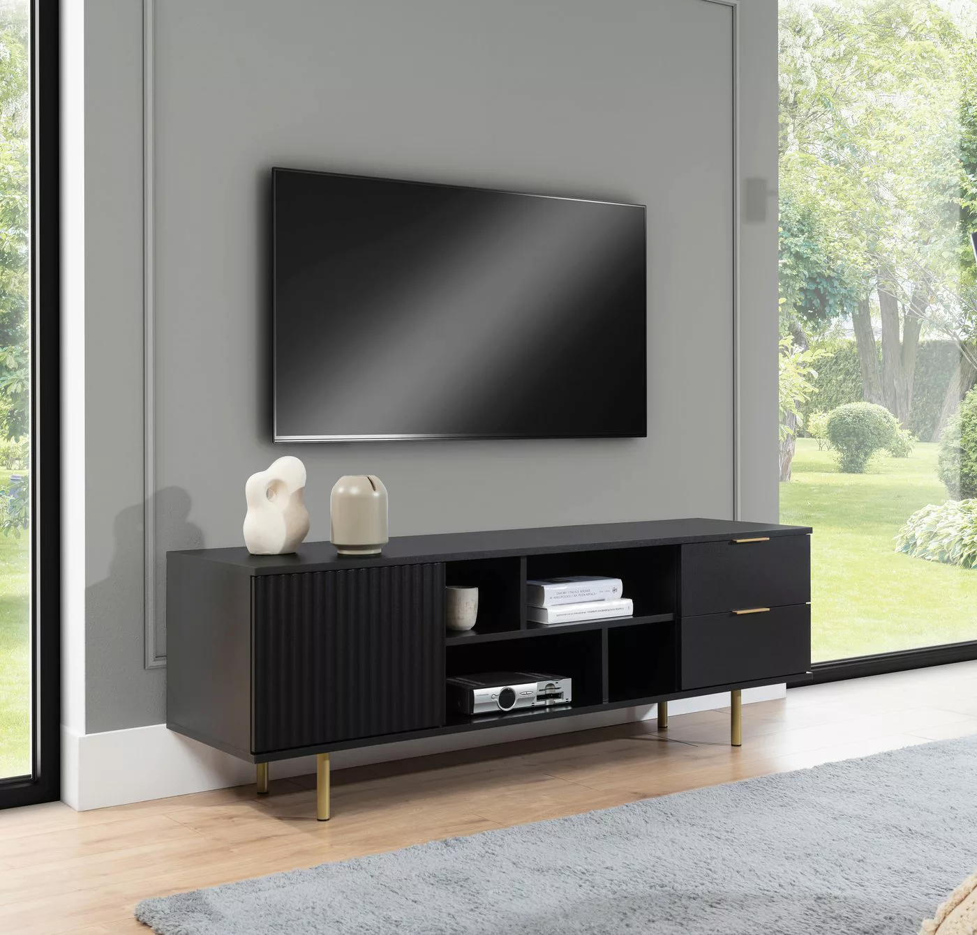 Furnix TV-Schrank Nadija RTV Kabinett mit zwei Schubladen und Metallfüßen 2 günstig online kaufen