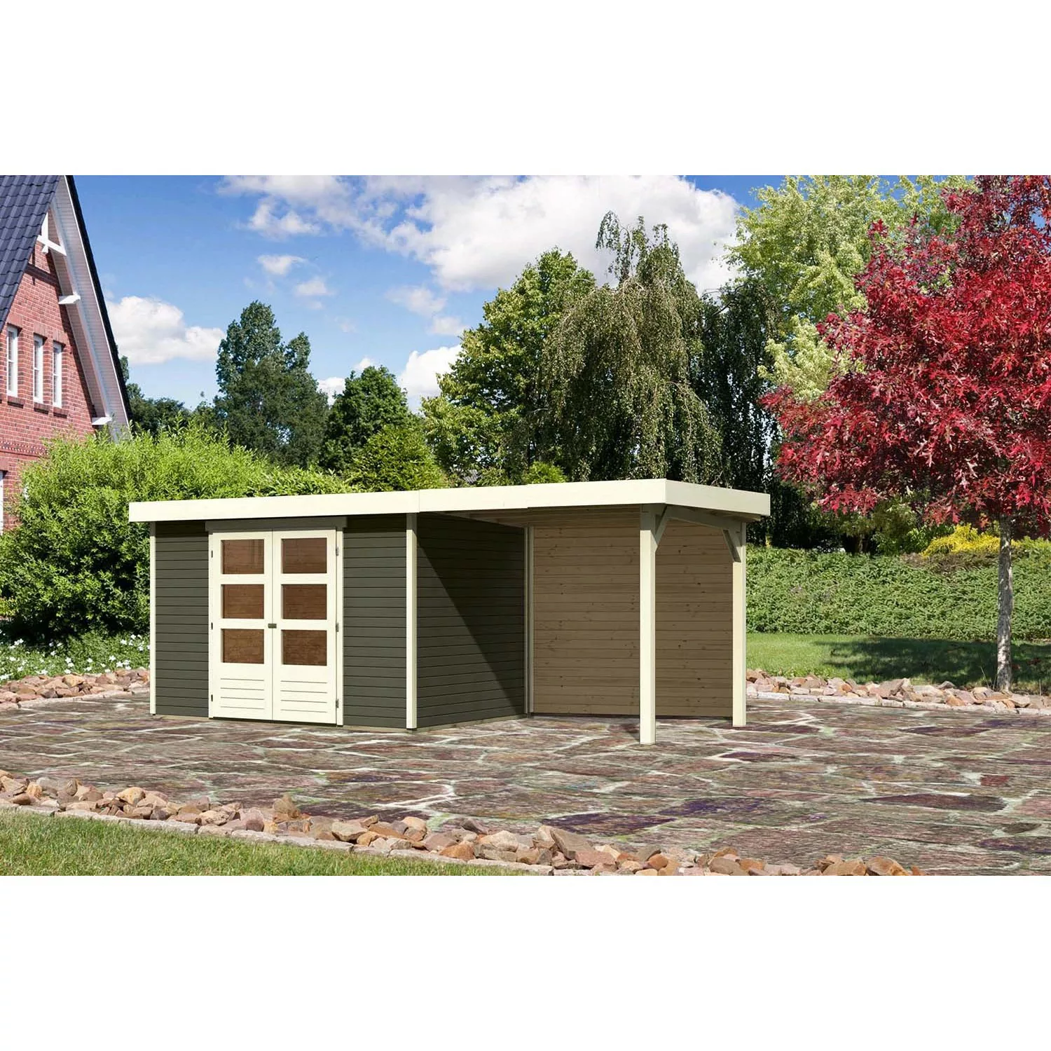 Karibu Holz-Gartenhaus/Gerätehaus Boras Terragrau Flachdach Lackiert 298 cm günstig online kaufen