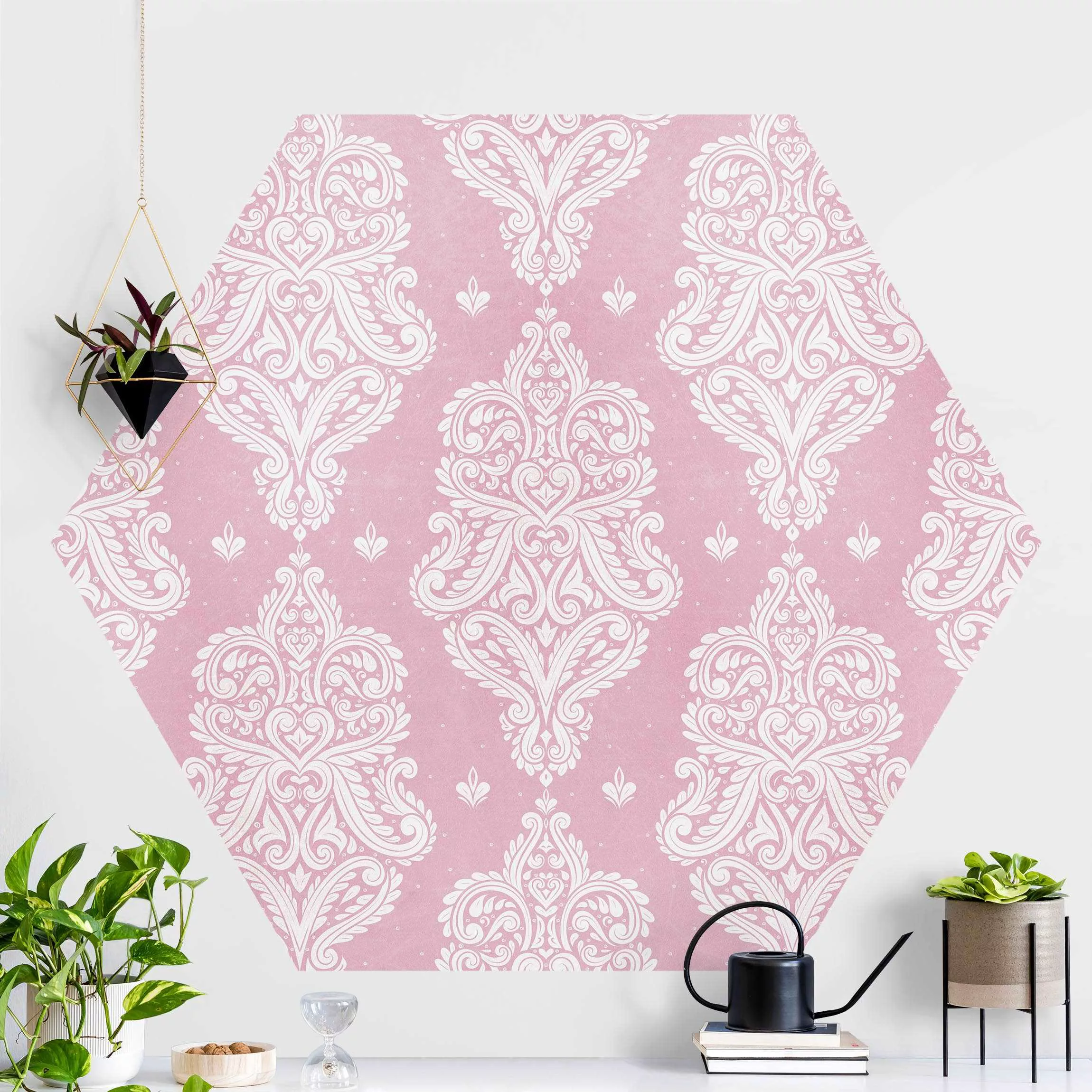 Hexagon Mustertapete selbstklebend Erdbeer Barock Rosa günstig online kaufen