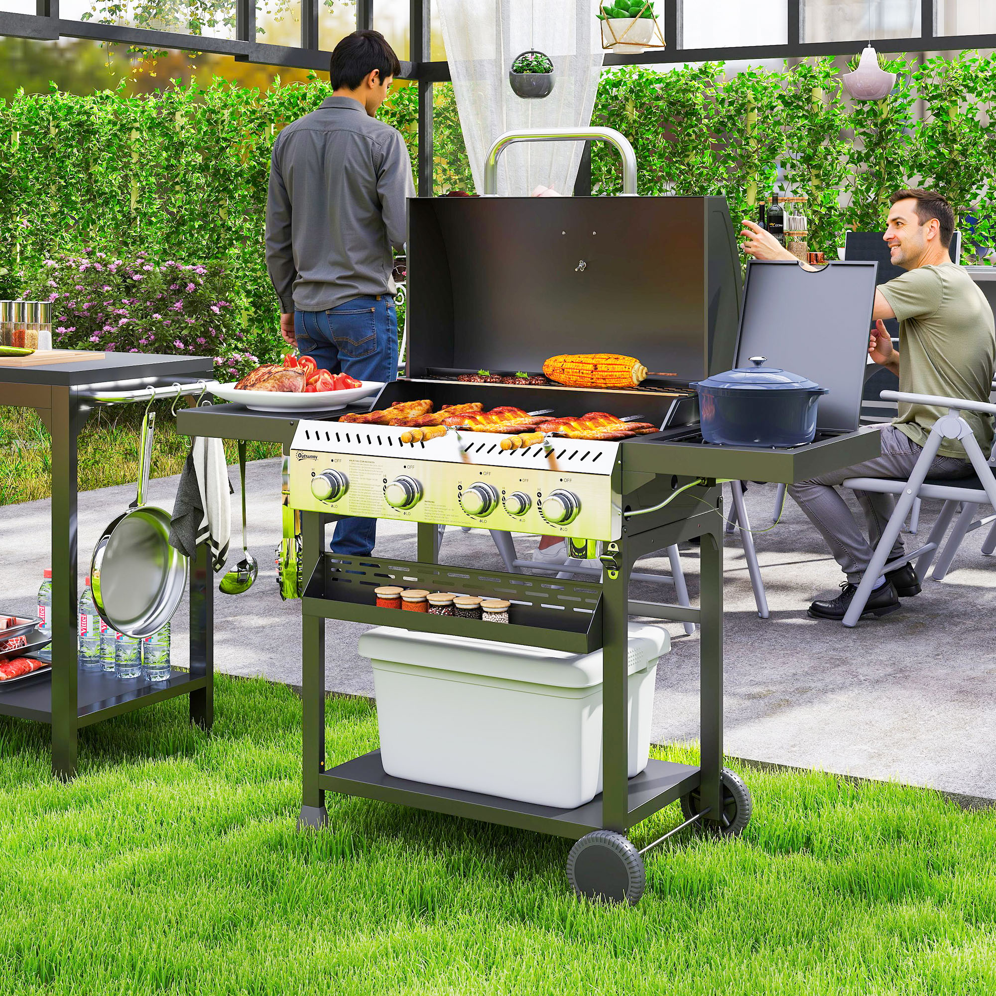 Outsunny Gasgrill 12 KW 4+1 Brenner BBQ Grillwagen aus Edelstahl inkl Seite günstig online kaufen