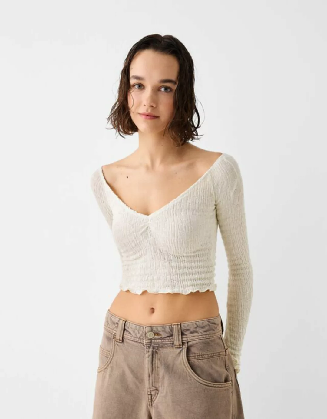 Bershka Pullover Aus Waffelgewebe Mit V-Ausschnitt Damen M Rohweiß günstig online kaufen