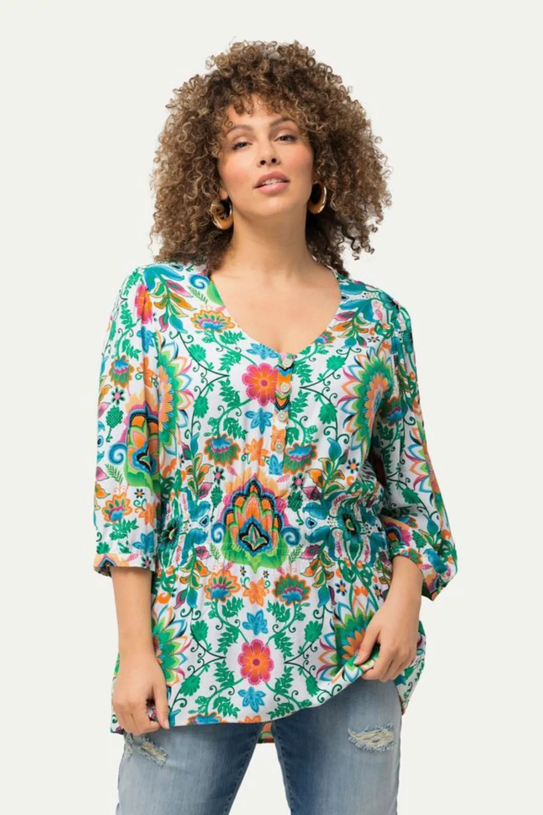 Ulla Popken Tunika Bluse Blüten A-Linie V-Ausschnitt 3/4-Arm günstig online kaufen