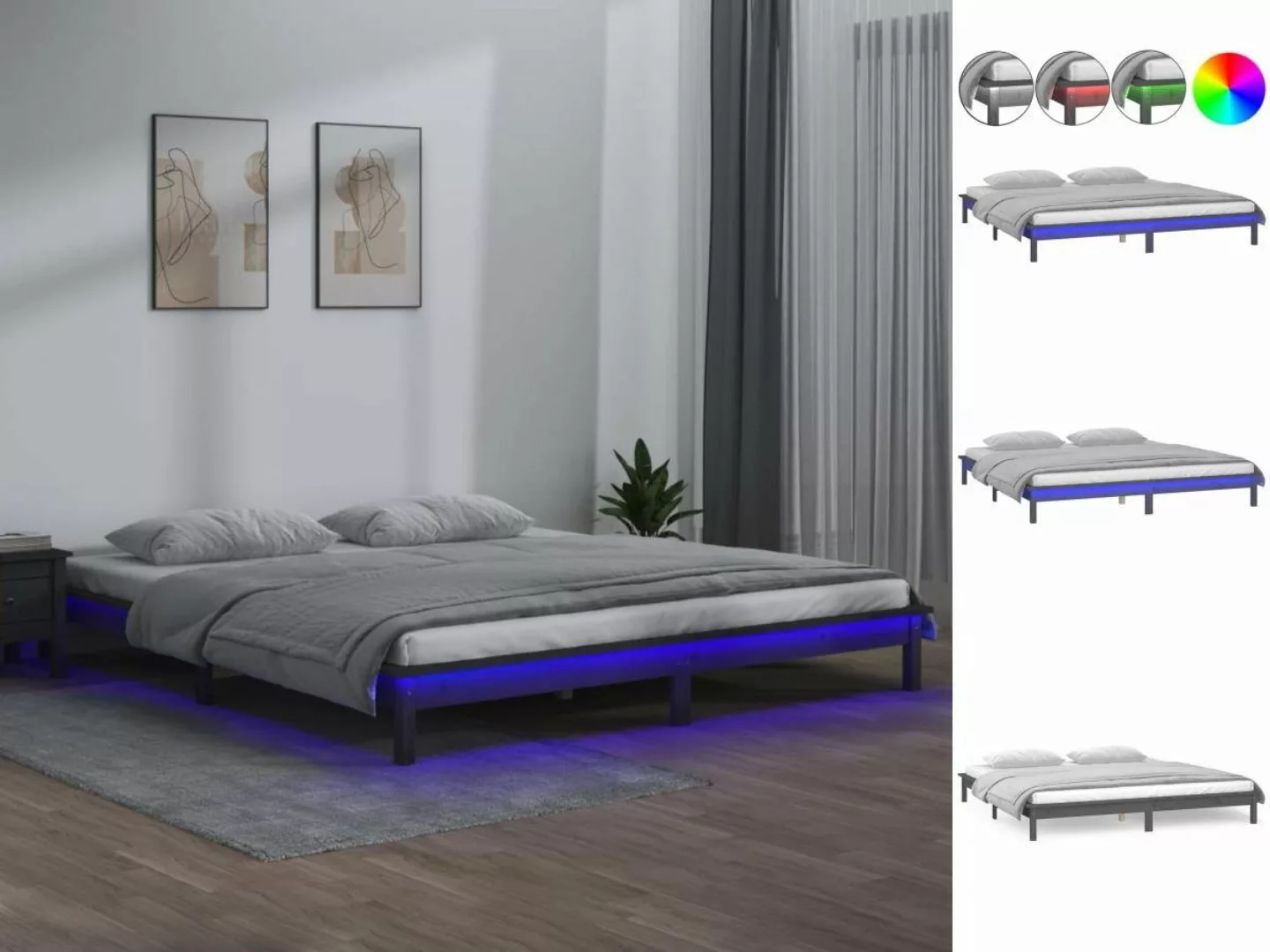 vidaXL Bettgestell Massivholzbett mit LEDs Grau 160x200 cm Bett Bettrahmen günstig online kaufen