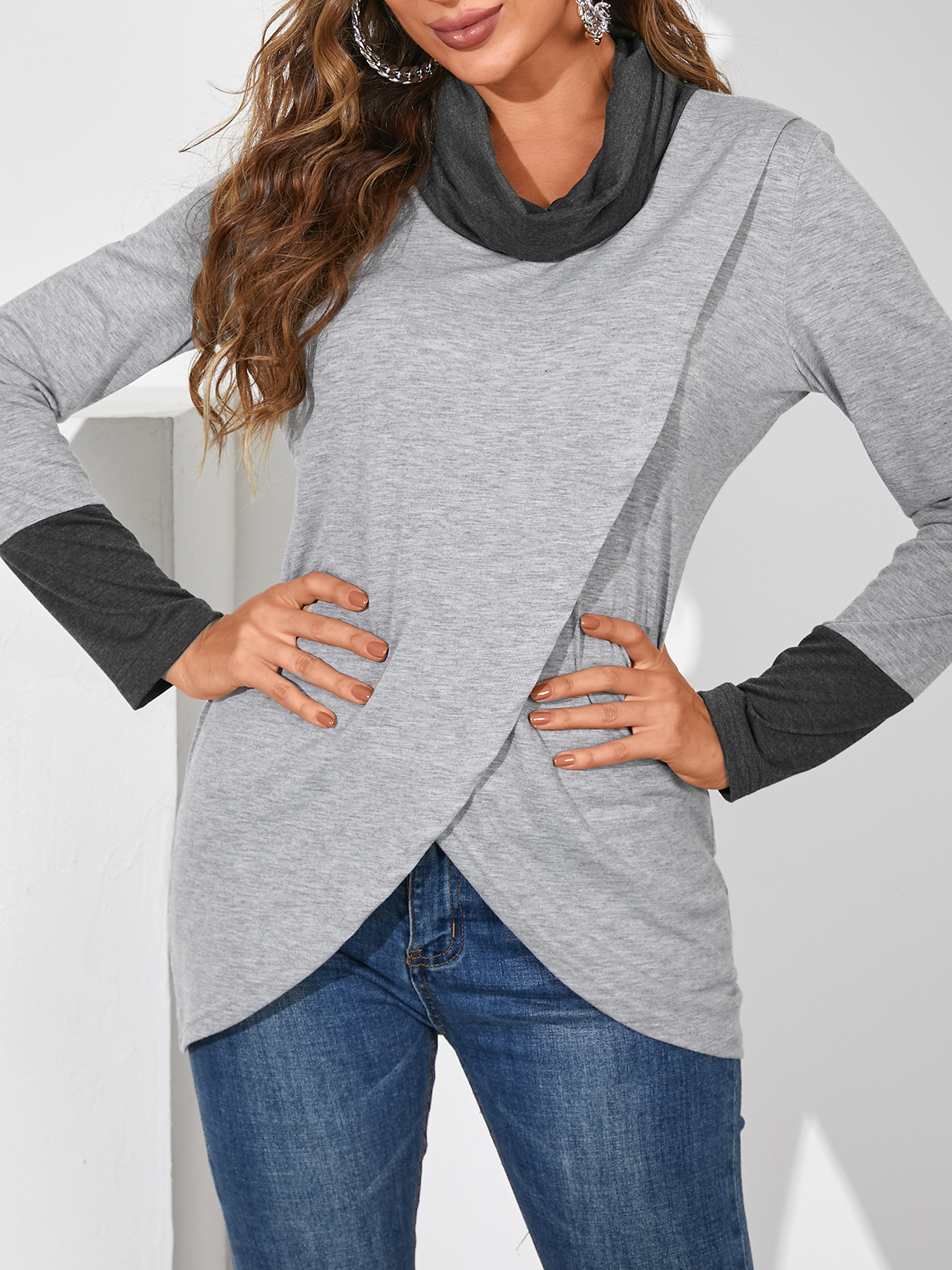 YOINS Grey Crossed Front Schornsteinkragen Langarm Sweatshirt günstig online kaufen