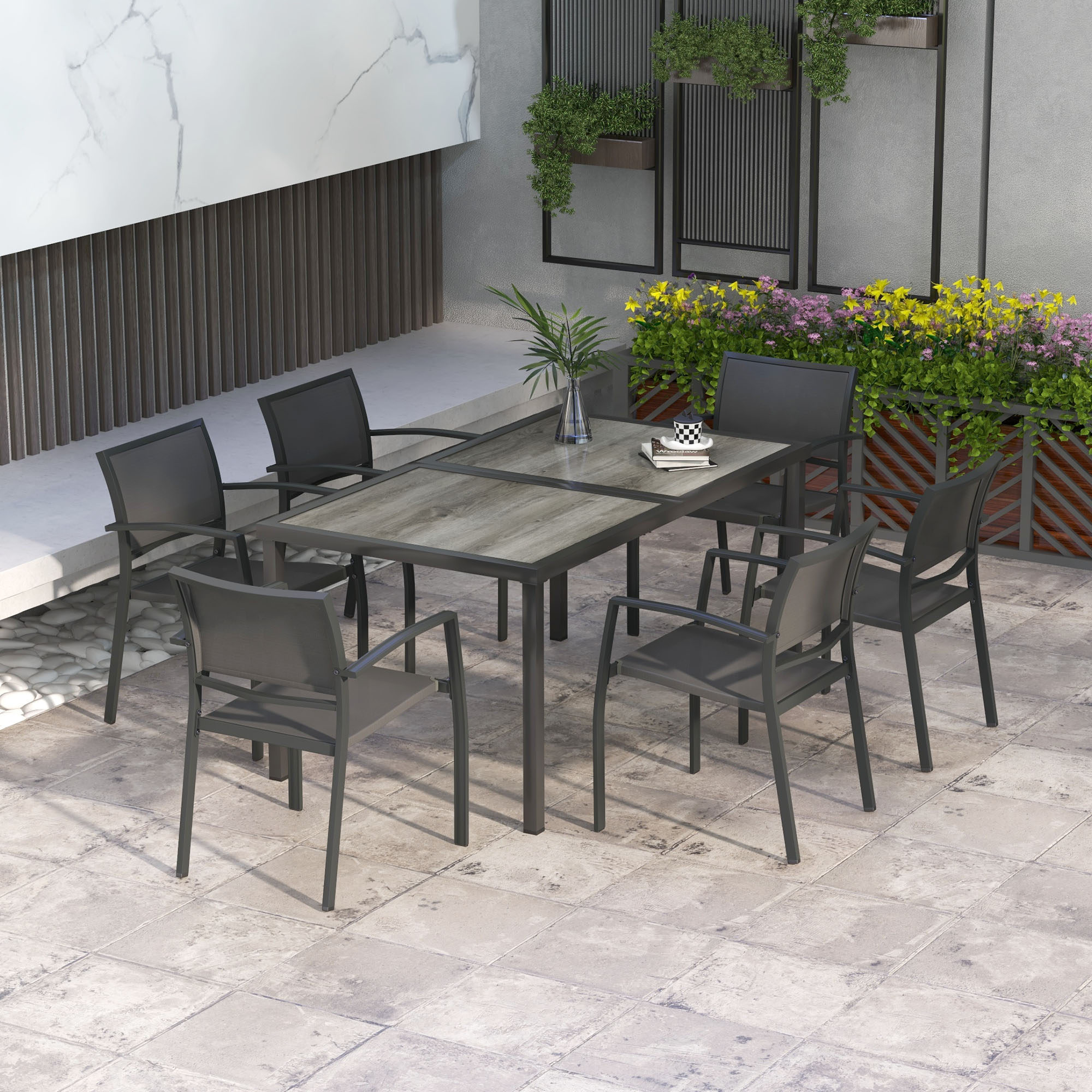 Outsunny Gartenmöbel-Set aus Stahl, 7-teilig mit 1 Tisch und 6 stapelbaren günstig online kaufen