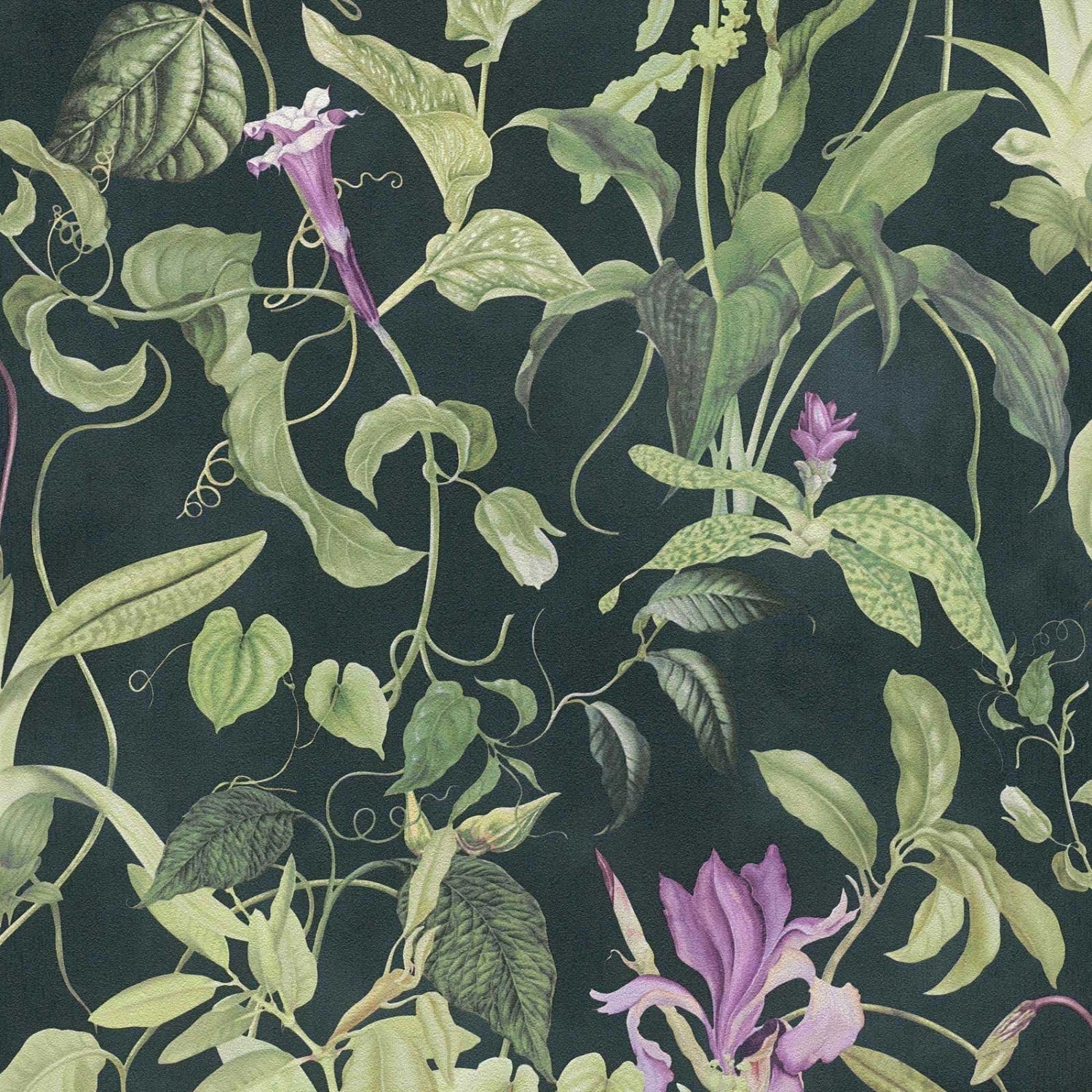 Bricoflor Botanik Tapete Dunkelgrün Blätter Vliestapete in Grün Lila mit Bl günstig online kaufen