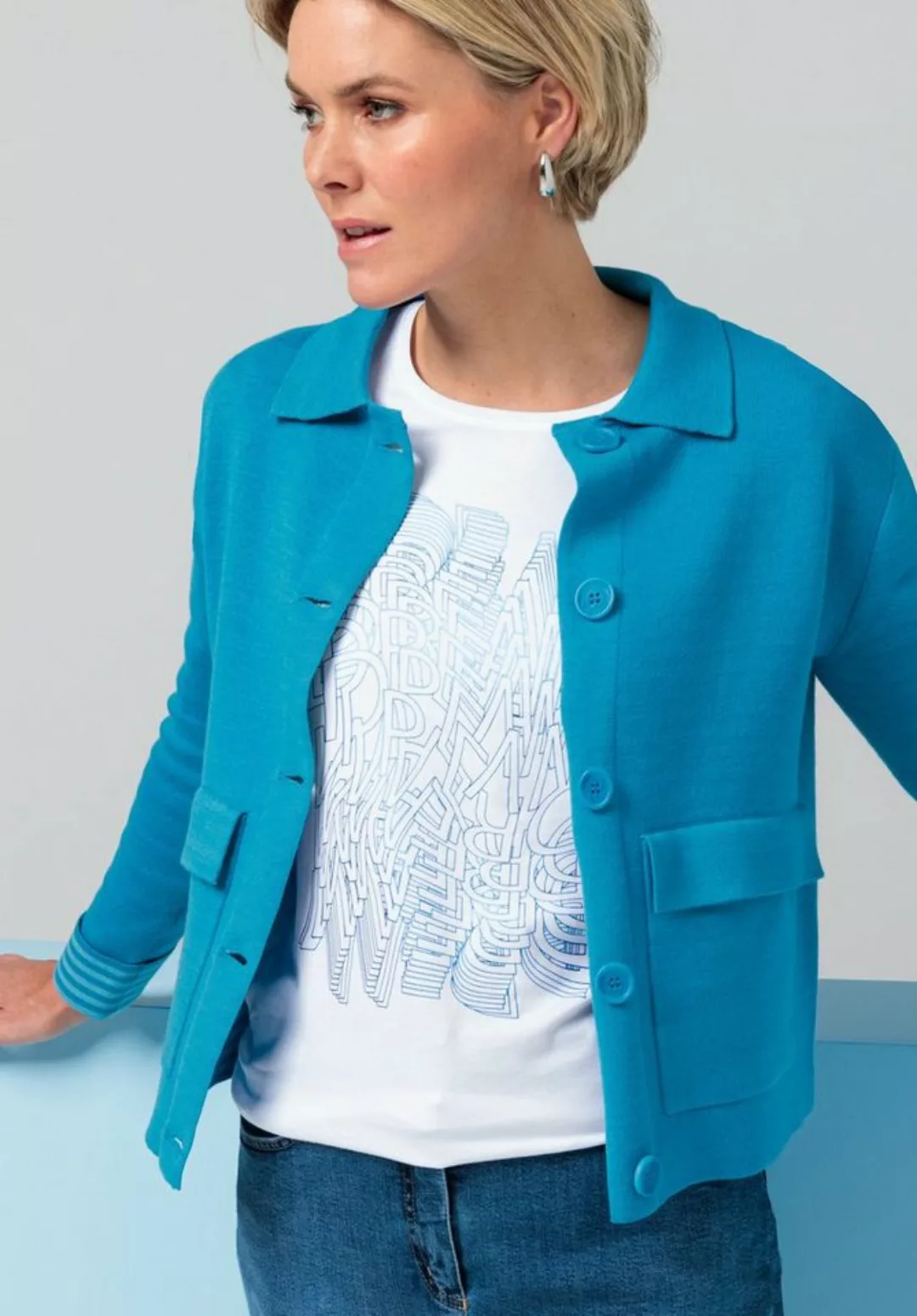 bianca Strickjacke RANIS mit modernem Kragen in der Trendfarbe 'blue mix' günstig online kaufen