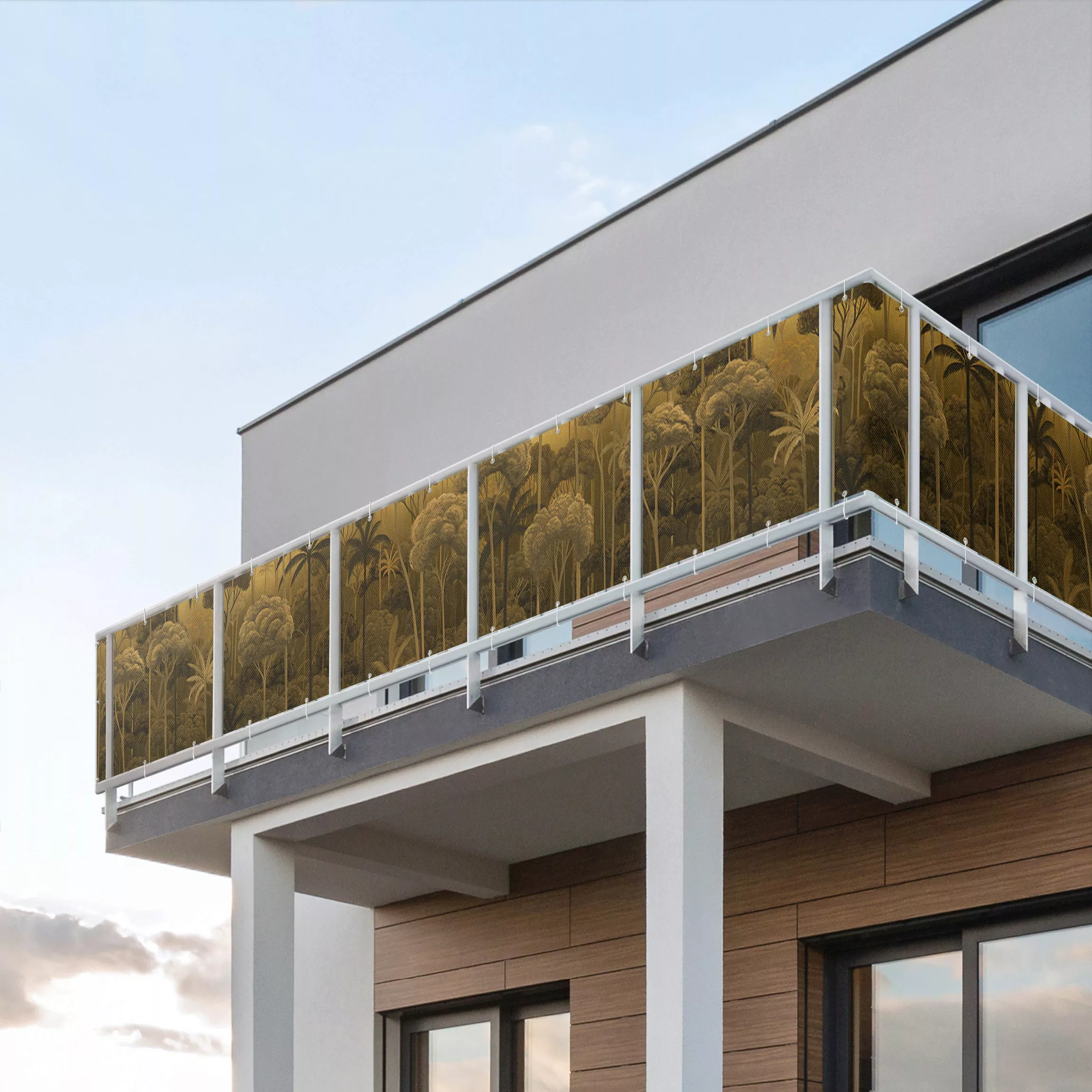 Balkon Sichtschutz Hohe Bäume im Dschungel in goldener Tönung günstig online kaufen