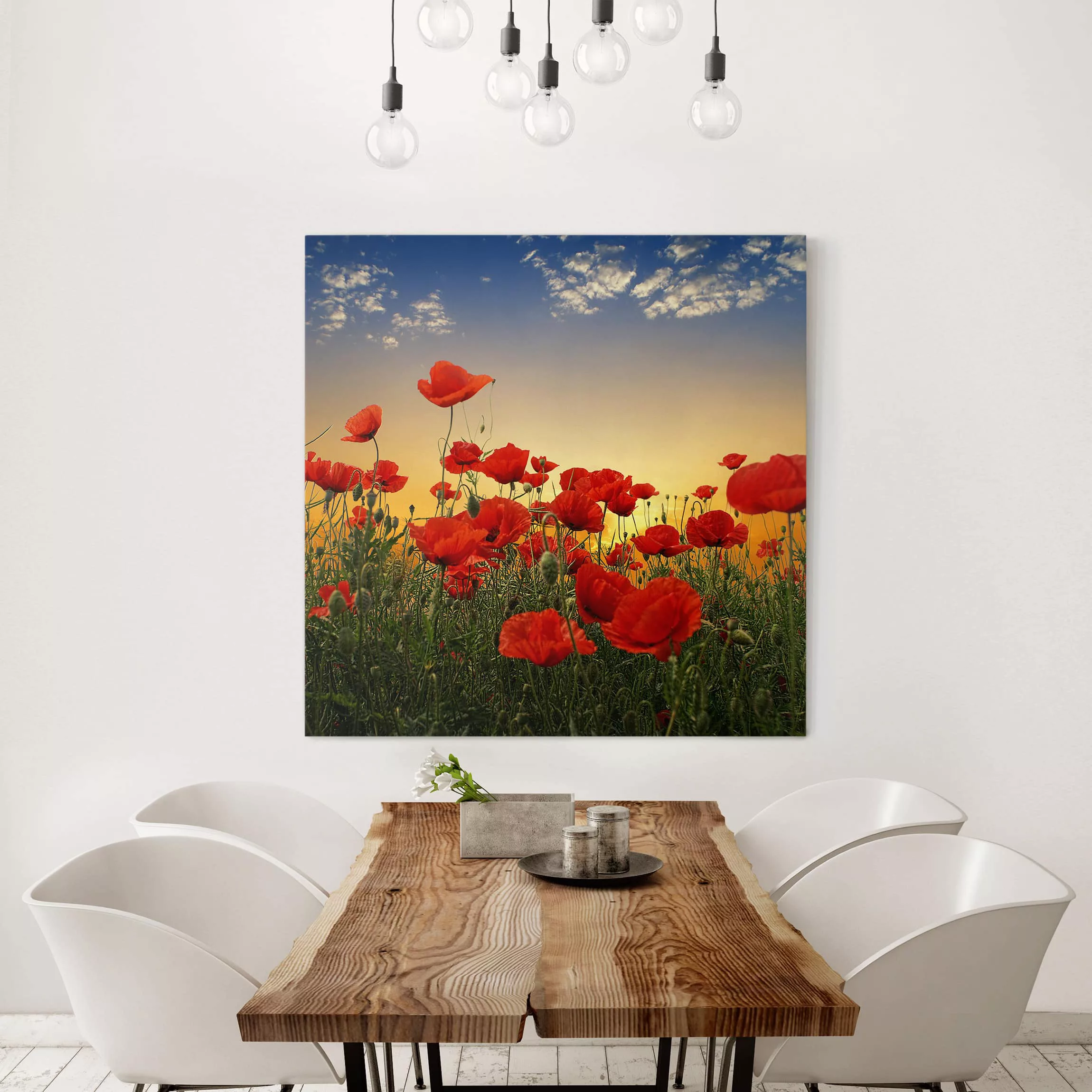 Leinwandbild Blumen - Quadrat Mohnblumenfeld im Sonnenuntergang günstig online kaufen