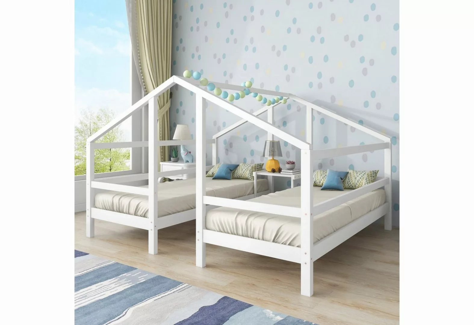 SOFTWEARY Kinderbett Hausbett mit 2 Schlafgelegenheiten und Rollrost (90x20 günstig online kaufen