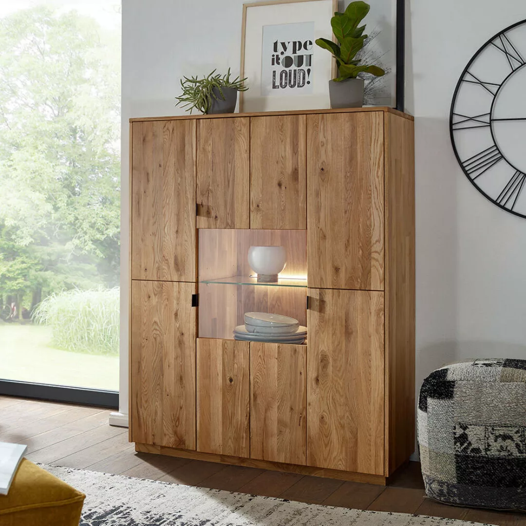 Highboard 110 cm mit Beleuchtung in Wildeiche massiv geölt WELLINGTON-69, B günstig online kaufen